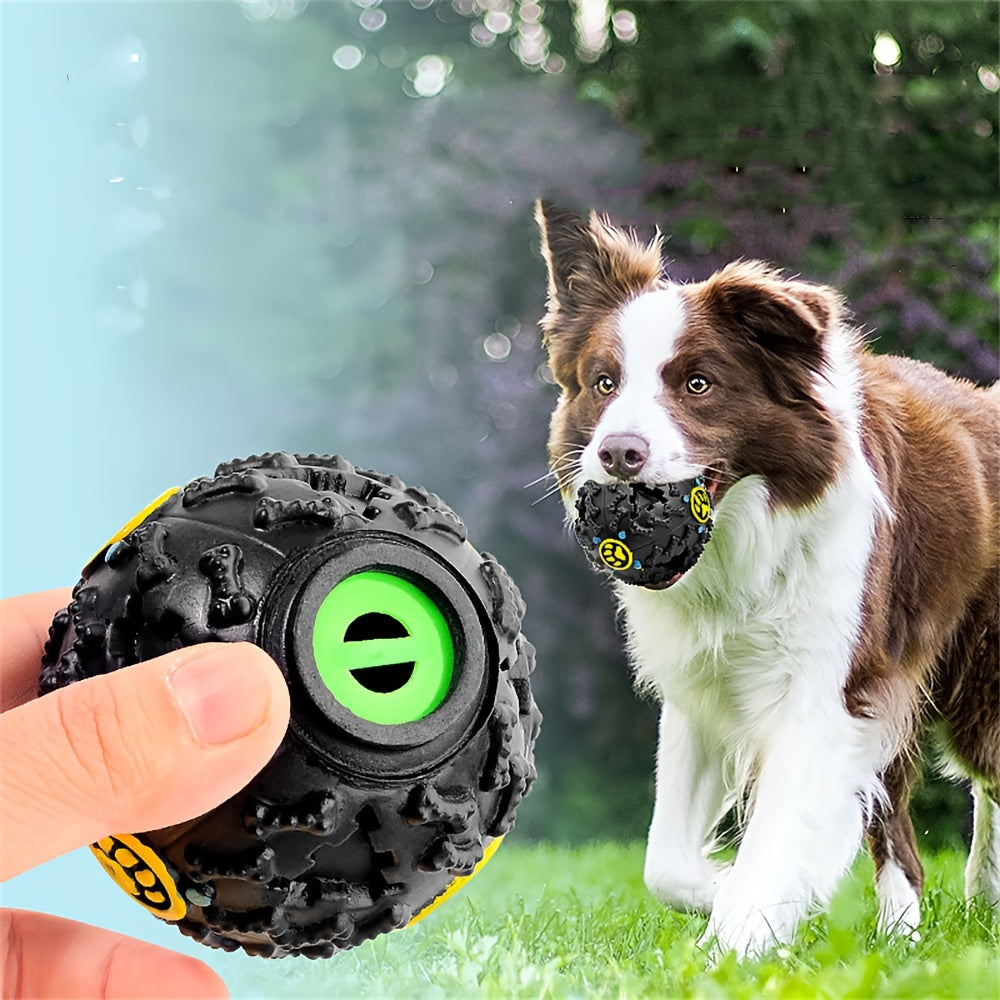 Interactive Dog Chew Toy Ball with Treat Dispenser - Durable Food-Dispensing Squeaky Toy for Teething Puppies & Dental Health, All Breeds, Black with Green & Yellow Patterns, Plastic Material