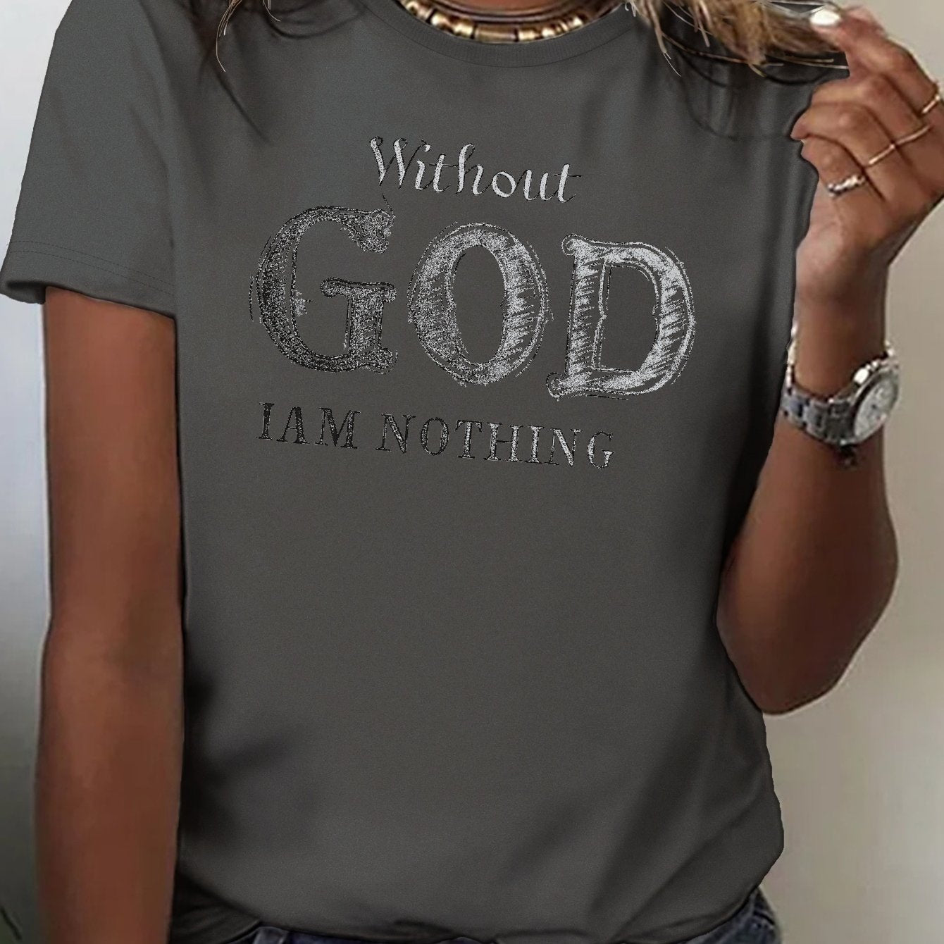 Chic Typographic Womens Tee - Comfy Cotton Crew Neck, Versatile Casual Spring & Summer Top