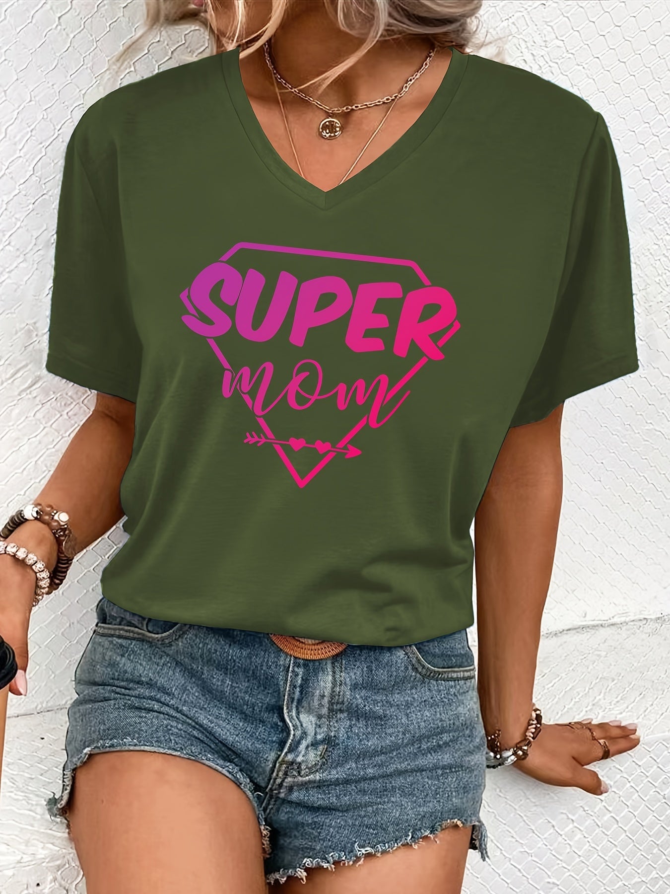 Super Mom Print Casual T-Shirt, V Neck Short Sleeves Versatile Top, Mother's Day Women's Comfy Tee