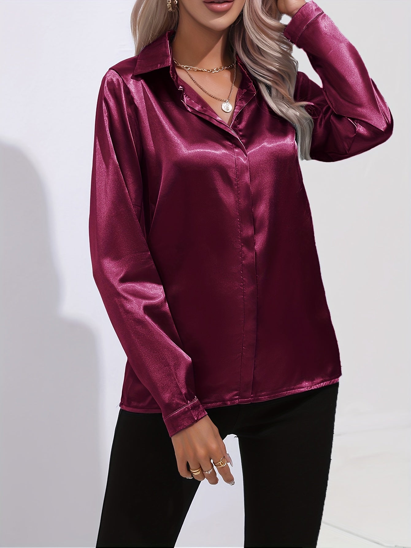 Solid Color Button Up Shirt, Elegant Long Sleeve Collared Blouse For Spring & Fall, Women's Clothing