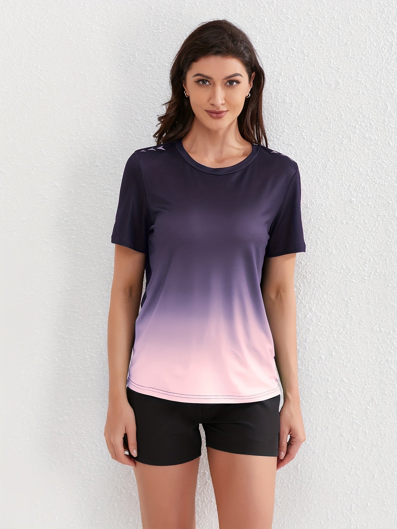 Women's Ombre Sports Tee, Gradient Shades, Casual Athletic T-Shirt, Short-Sleeve, Quick Dry, Breathable Fabric, Gym Wear, Running Top