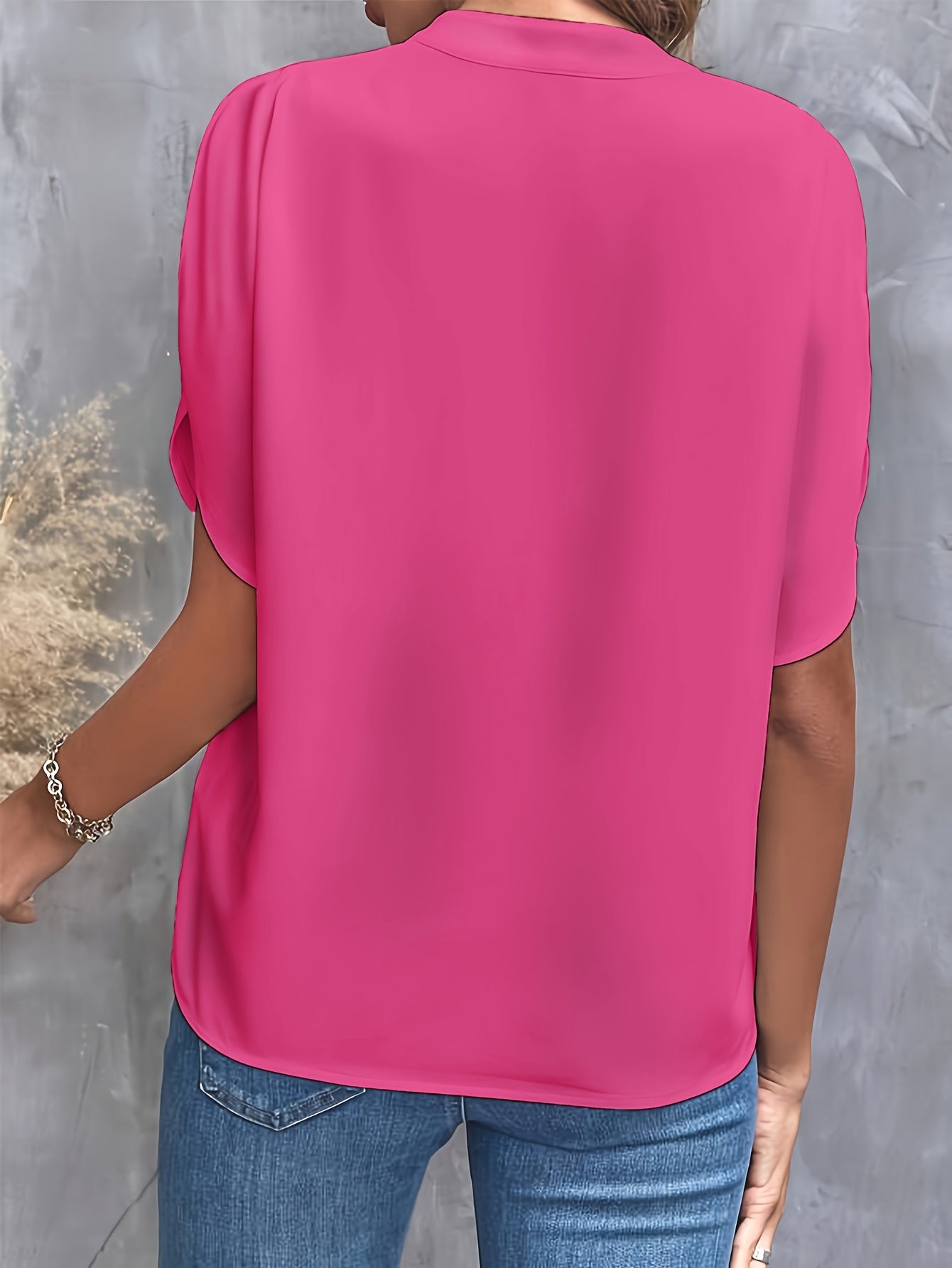 Solid Color Notch Neck Blouse, Casual Short Split Sleeve Blouse For Spring & Summer, Women's Clothing