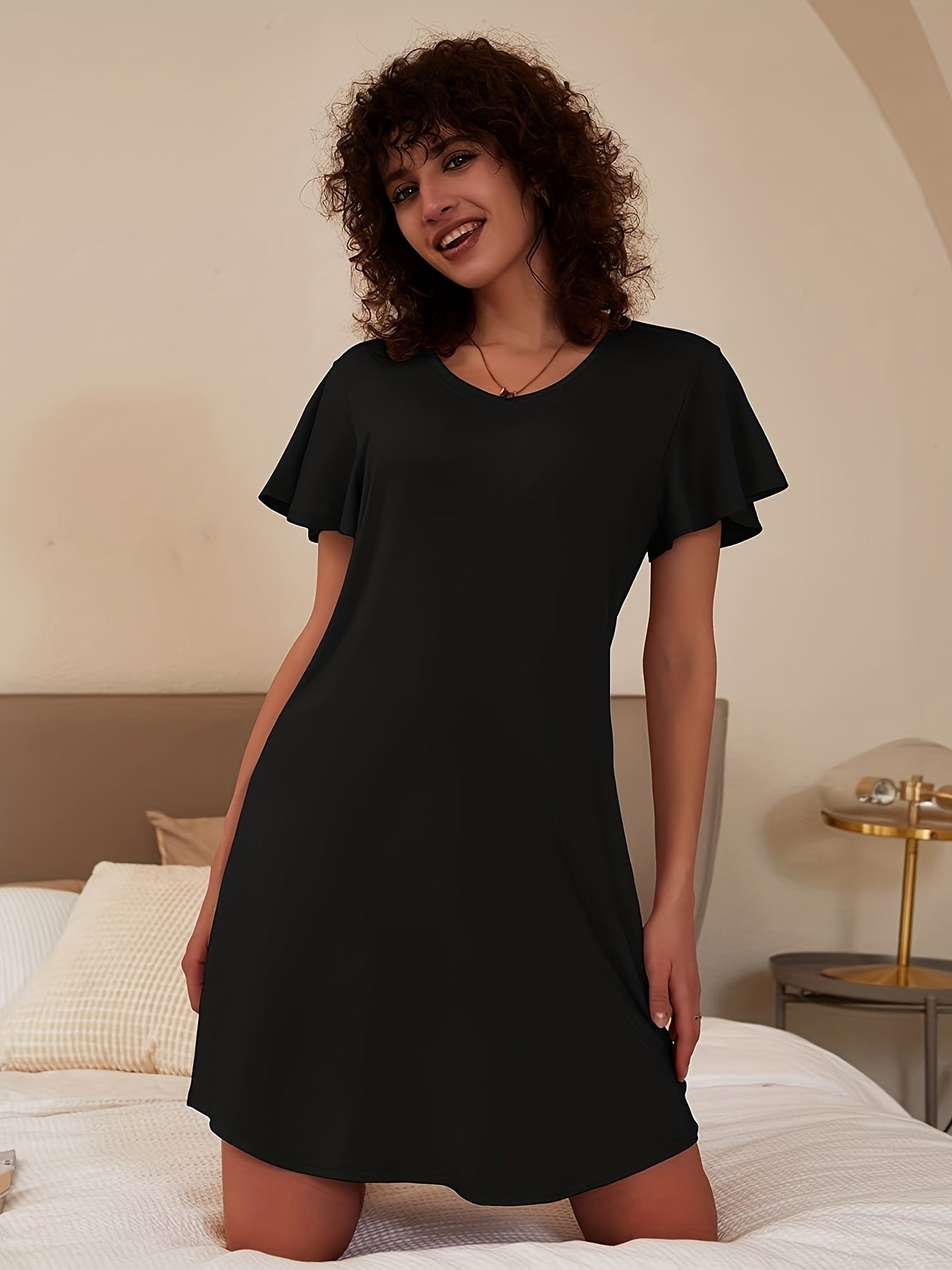 Simple Solid Lounge Dresses, Soft & Comfy Short Sleeve V Neck Home Dress, Women's Loungewear & Dresses