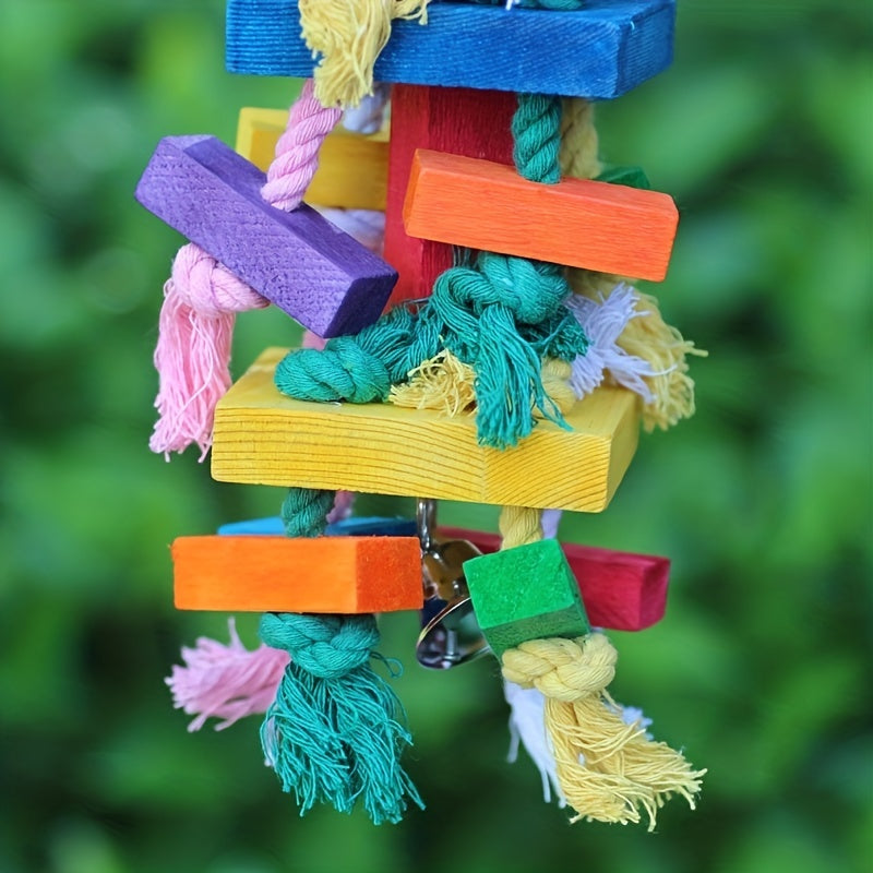 Large Durable Wooden Bird Chew Toy - Colorful Rope for Foraging and Beak Health - Parrot Bite and Play Accessory