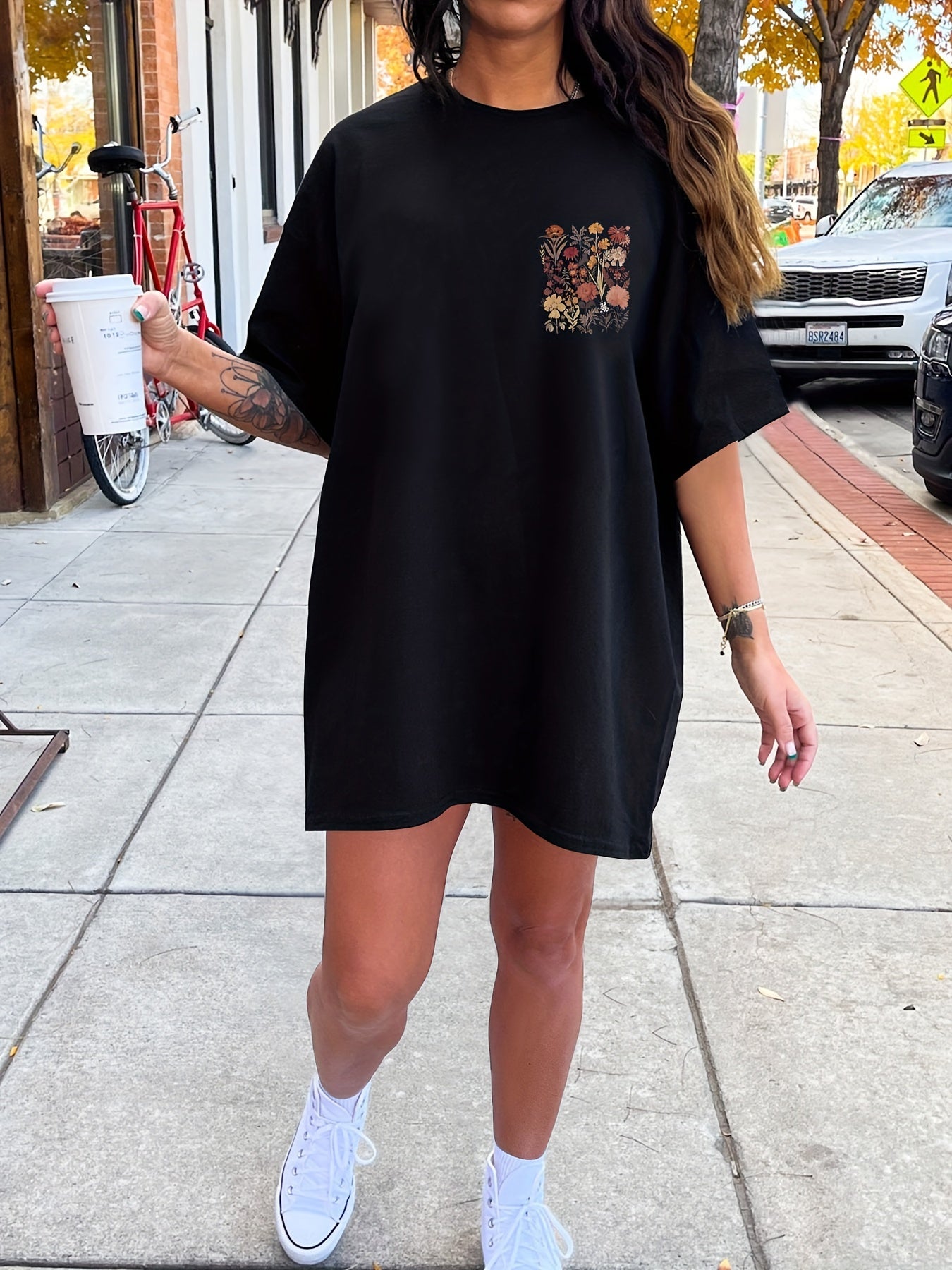 Floral Print Crew Neck Tee Dress, Casual Short Sleeve Dress For Spring & Summer, Women's Clothing