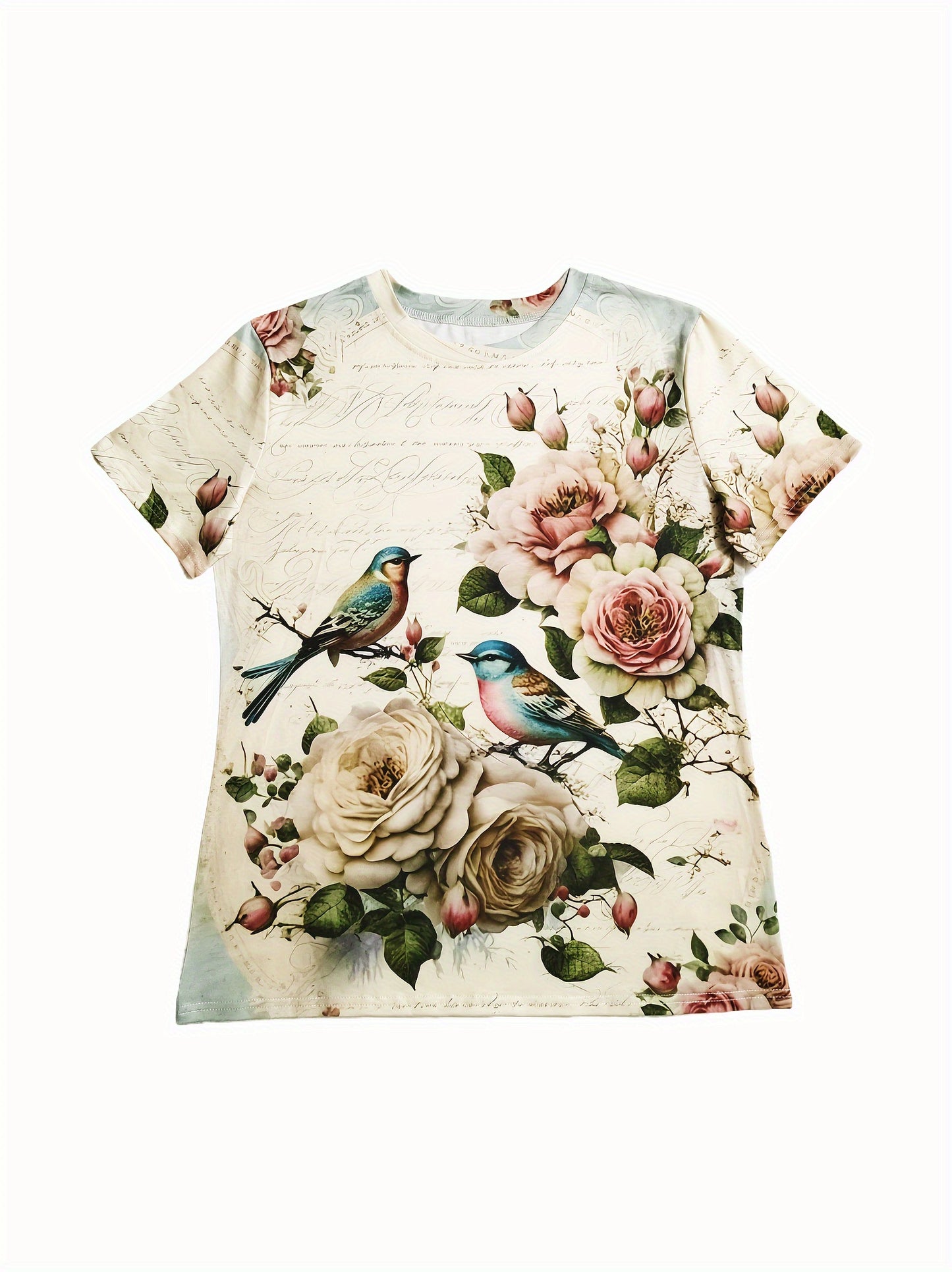 Vintage Floral Print T-Shirt - Soft Stretch Crew Neck Short Sleeve Tee