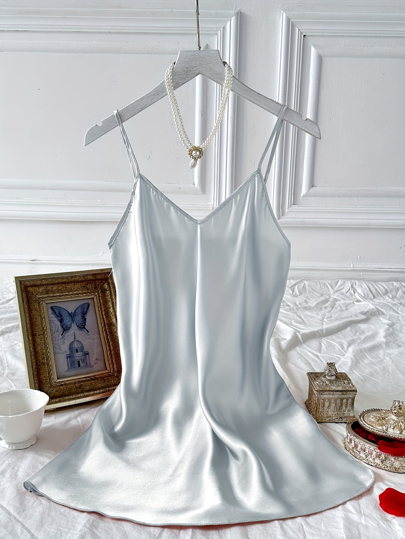 Simple Solid Satin Nightdress, Elegant V-neck Side Split Spaghetti Strap Sleep Dress, Women's Sleepwear & Dresses