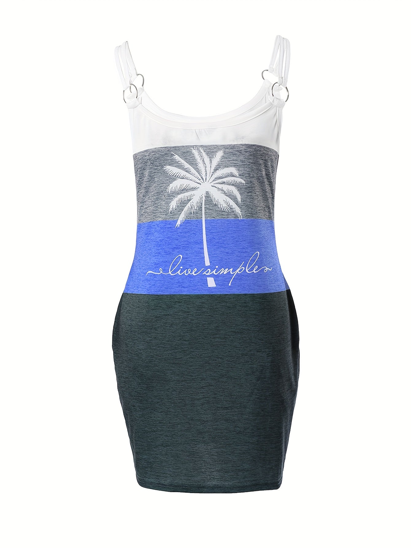 Vibrant Color Block Coconut Tree Print Cami Dress - Women's Casual Spaghetti Strap Dresses for Summer - Relaxed Fit, V-Neck, Short Sleeve, Above Knee Length, Easy Wear