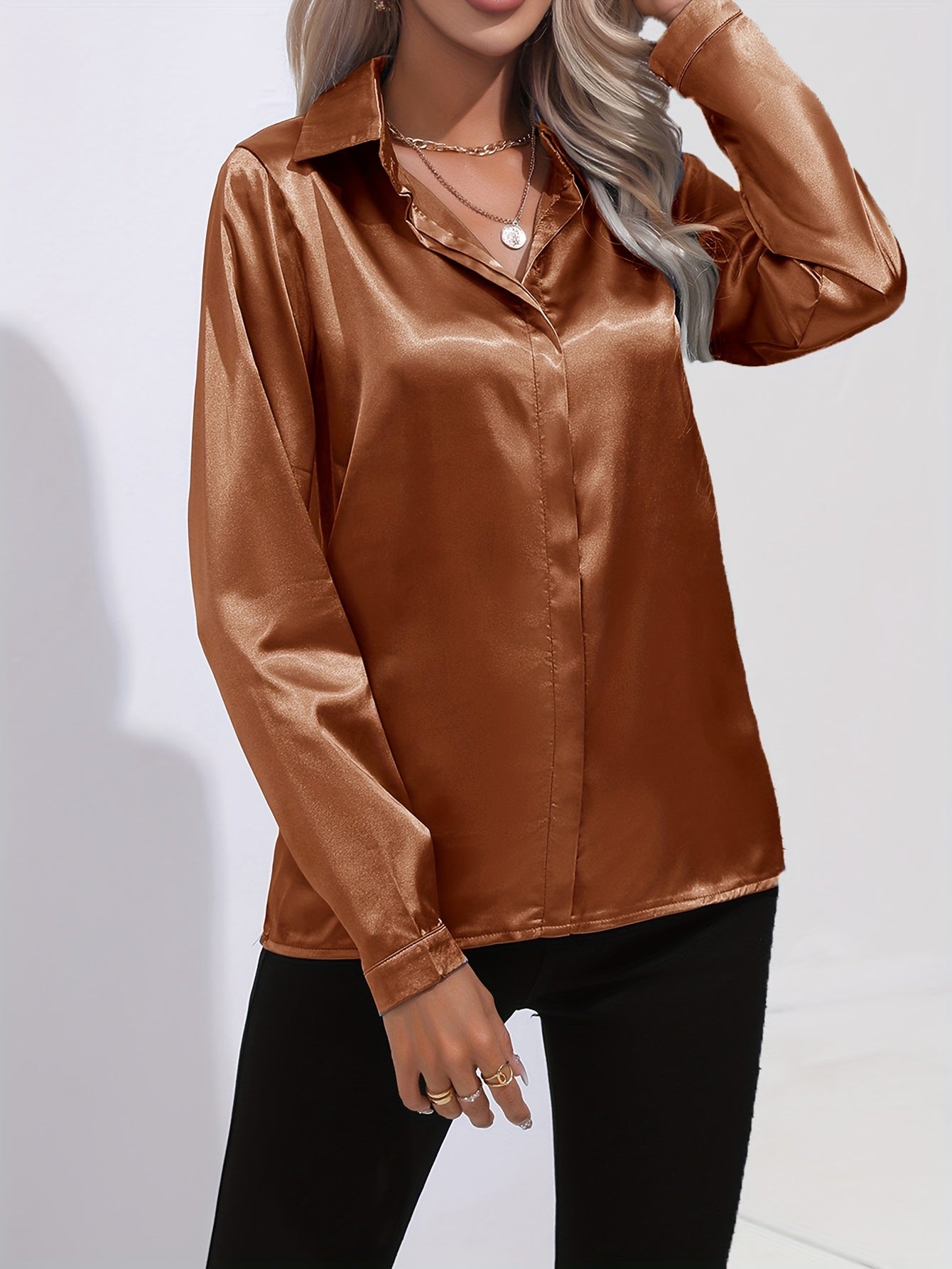 Solid Color Button Up Shirt, Elegant Long Sleeve Collared Blouse For Spring & Fall, Women's Clothing
