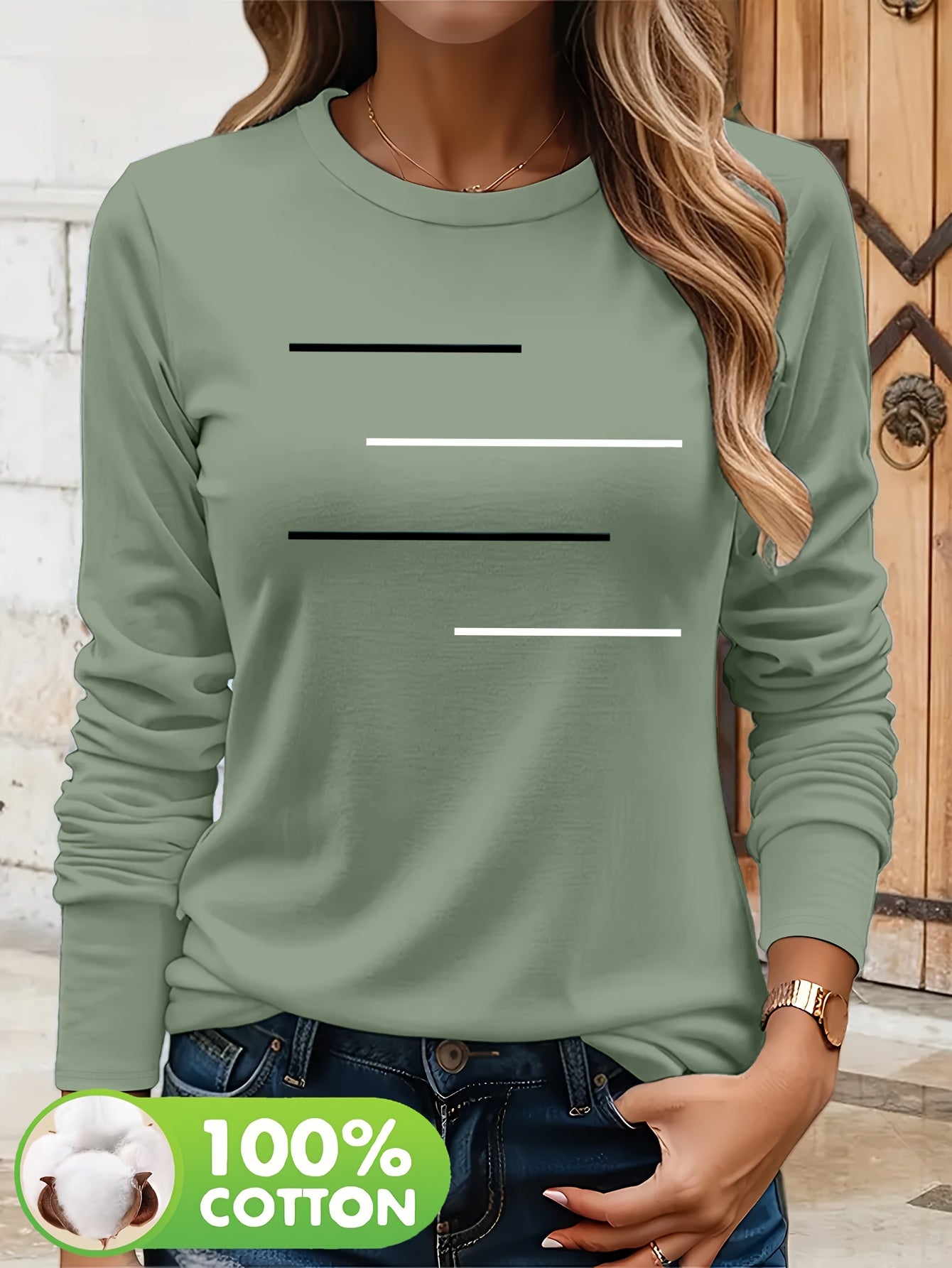 Women's Olive Green Long Sleeve T-Shirt - Minimalist Elegant Top, Soft Everyday Shirt for Casual & Formal Outfits - NC-13210, Allseason Top, Modern Fashion, Durable Clothing, Basic Blouse, Office Wear