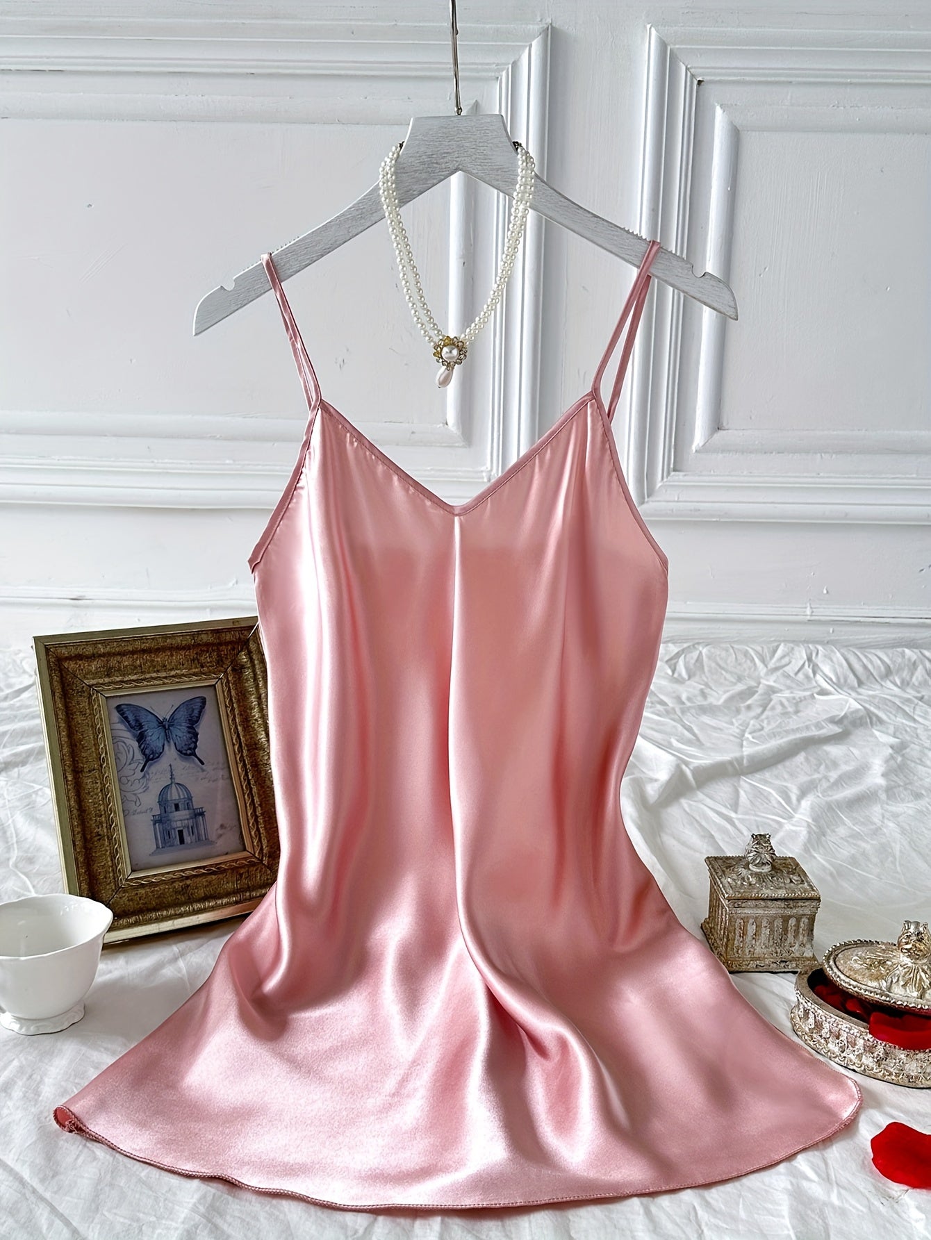 Simple Solid Satin Nightdress, Elegant V-neck Side Split Spaghetti Strap Sleep Dress, Women's Sleepwear & Dresses