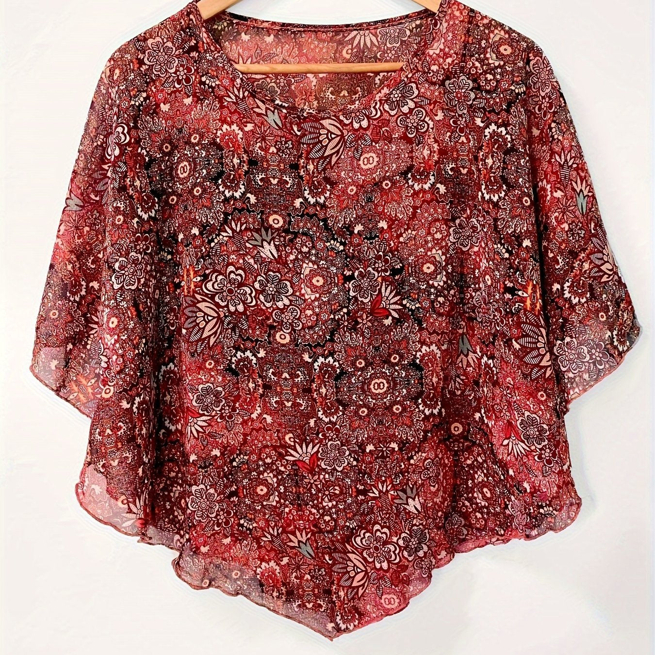 Floral Print Semi-sheer Blouse, Elegant Batwing Sleeve Irregular Hem Top For Spring & Summer, Women's Clothing