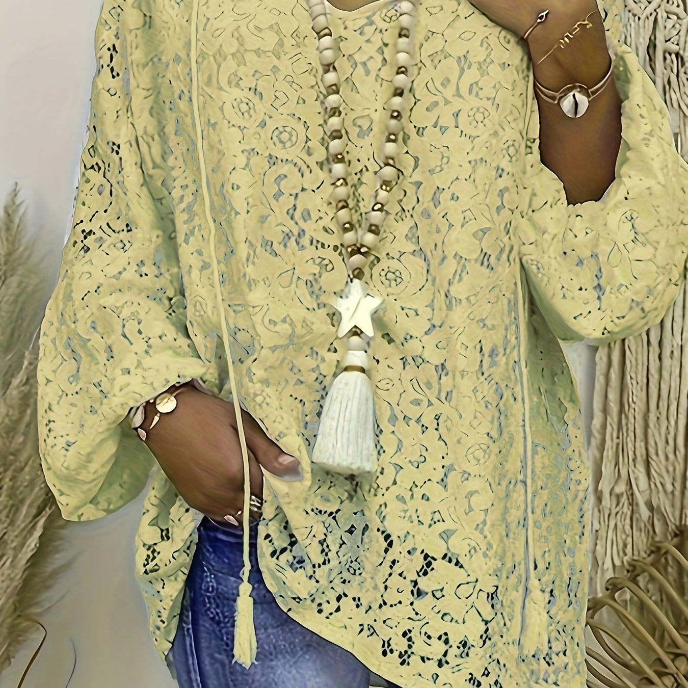 Plus Size Boho Blouse, Women's Plus Solid Lace Lantern Sleeve Tassel Trim V Neck Tunic Shirt Top