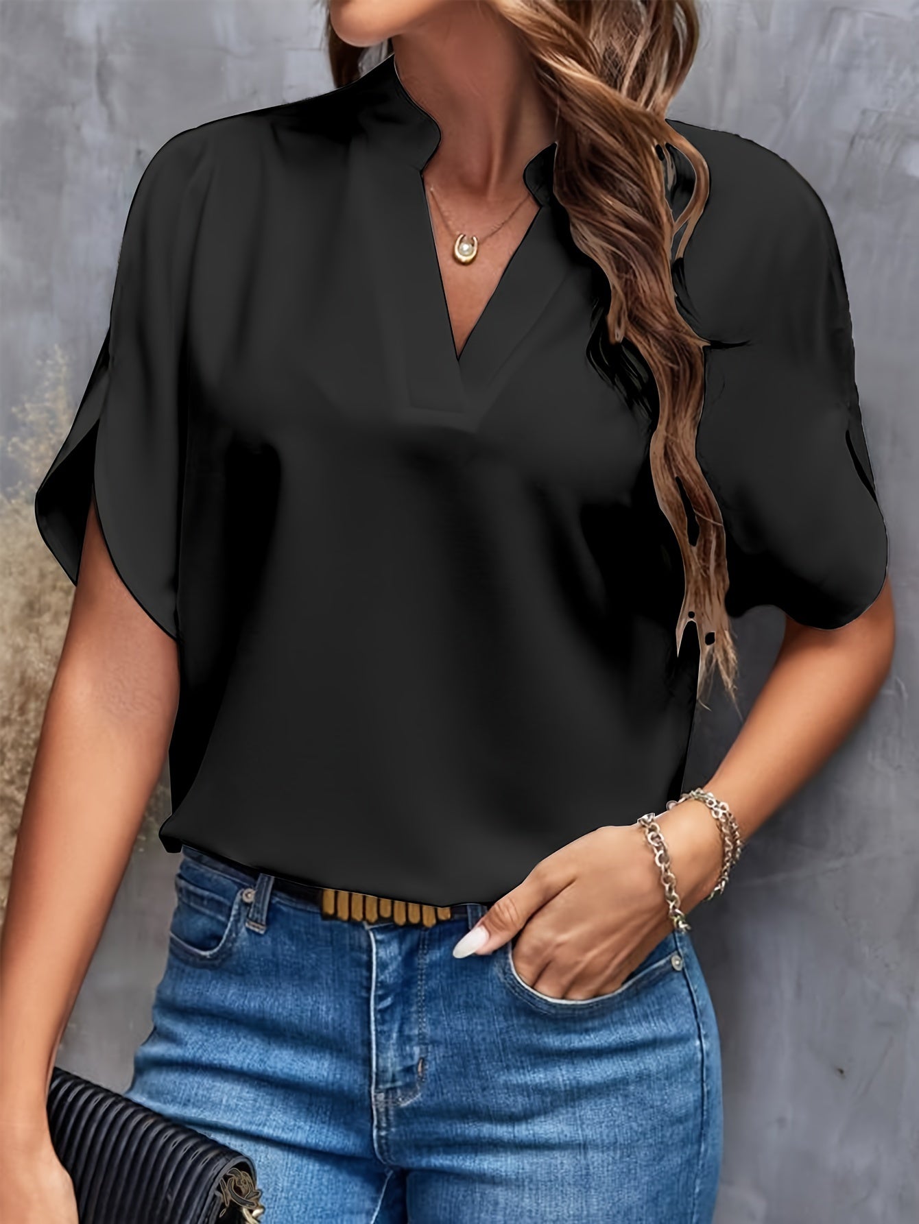 Solid Color Notch Neck Blouse, Casual Short Split Sleeve Blouse For Spring & Summer, Women's Clothing
