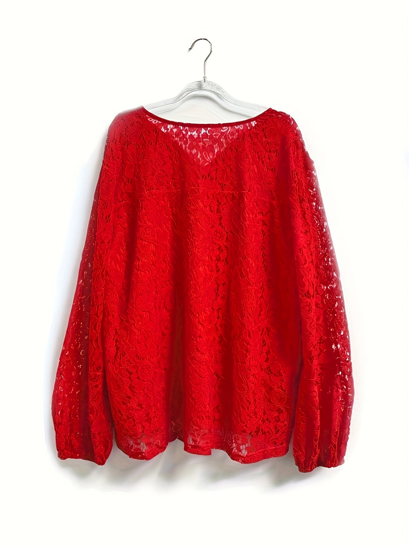 Plus Size Boho Blouse, Women's Plus Solid Lace Lantern Sleeve Tassel Trim V Neck Tunic Shirt Top