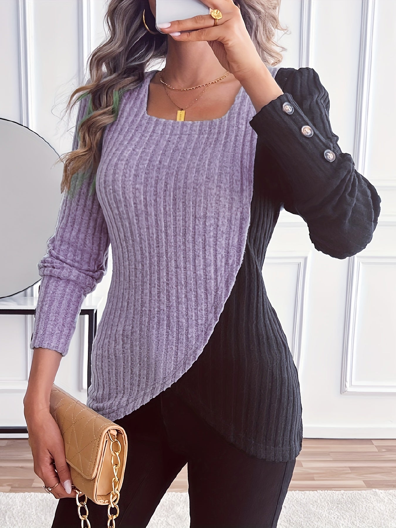 Women'S Casual Square Neck Long Sleeve Top, Asymmetrical Solid Color Knit Polyester Blouse with Spandex, Fashionable Spring/Fall Outerwear, 230gsm Fabric Weight