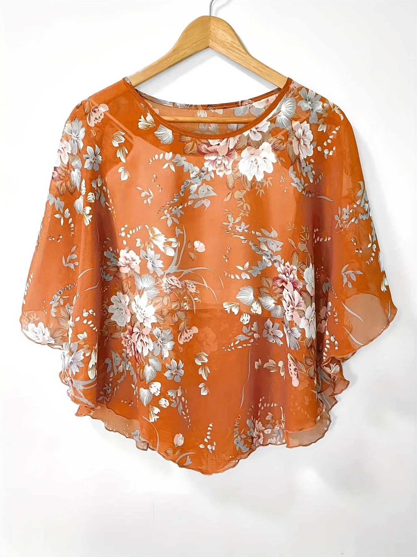 Floral Print Semi-sheer Blouse, Elegant Batwing Sleeve Irregular Hem Top For Spring & Summer, Women's Clothing