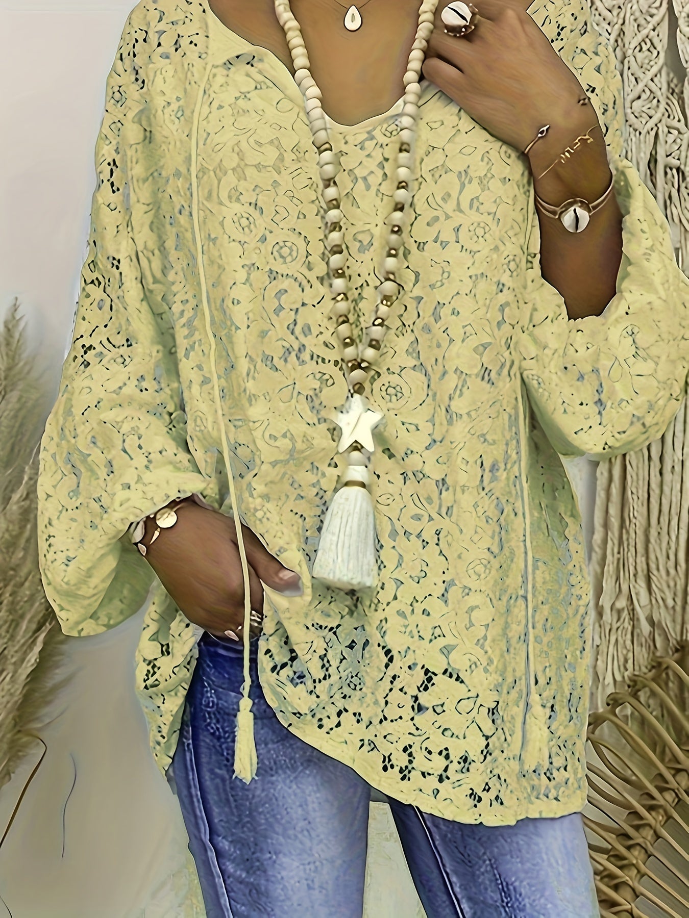 Plus Size Boho Blouse, Women's Plus Solid Lace Lantern Sleeve Tassel Trim V Neck Tunic Shirt Top