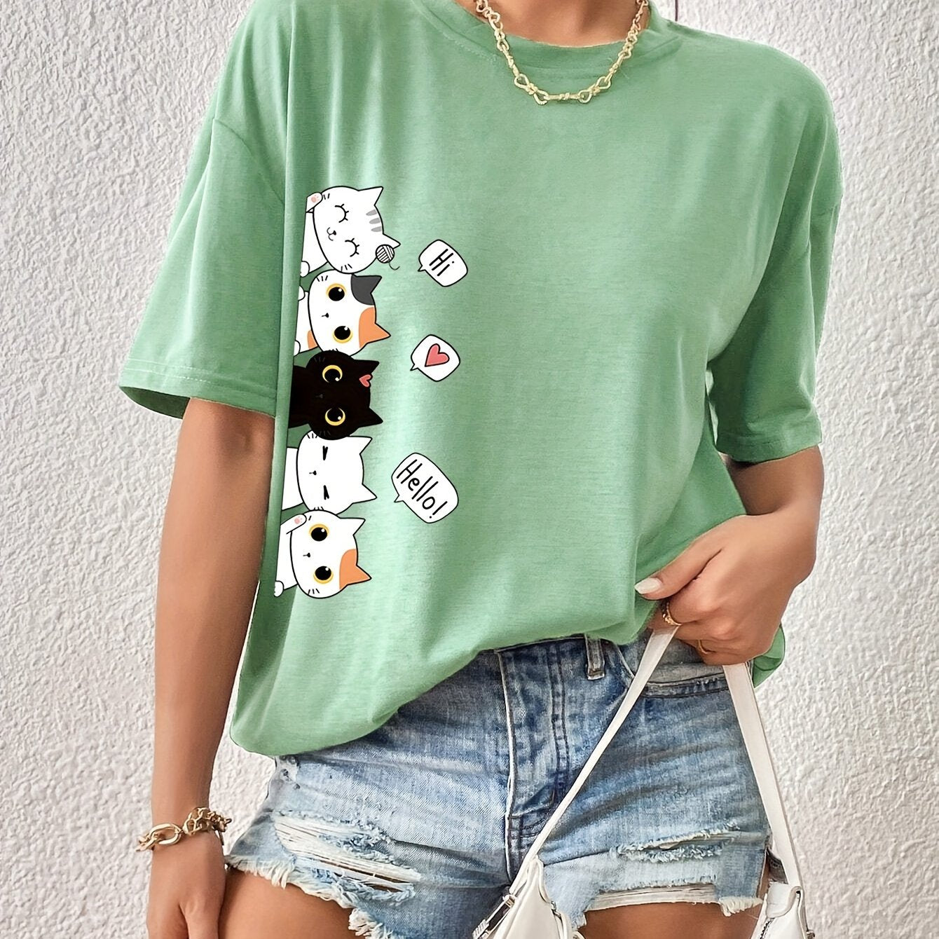 Whimsical Feline Tee - Classic Round Neck, Comfortable Short Sleeves, Versatile Sports Tee for Daily Wear or Athletic Activities - Ideal for Casual Womens Tops