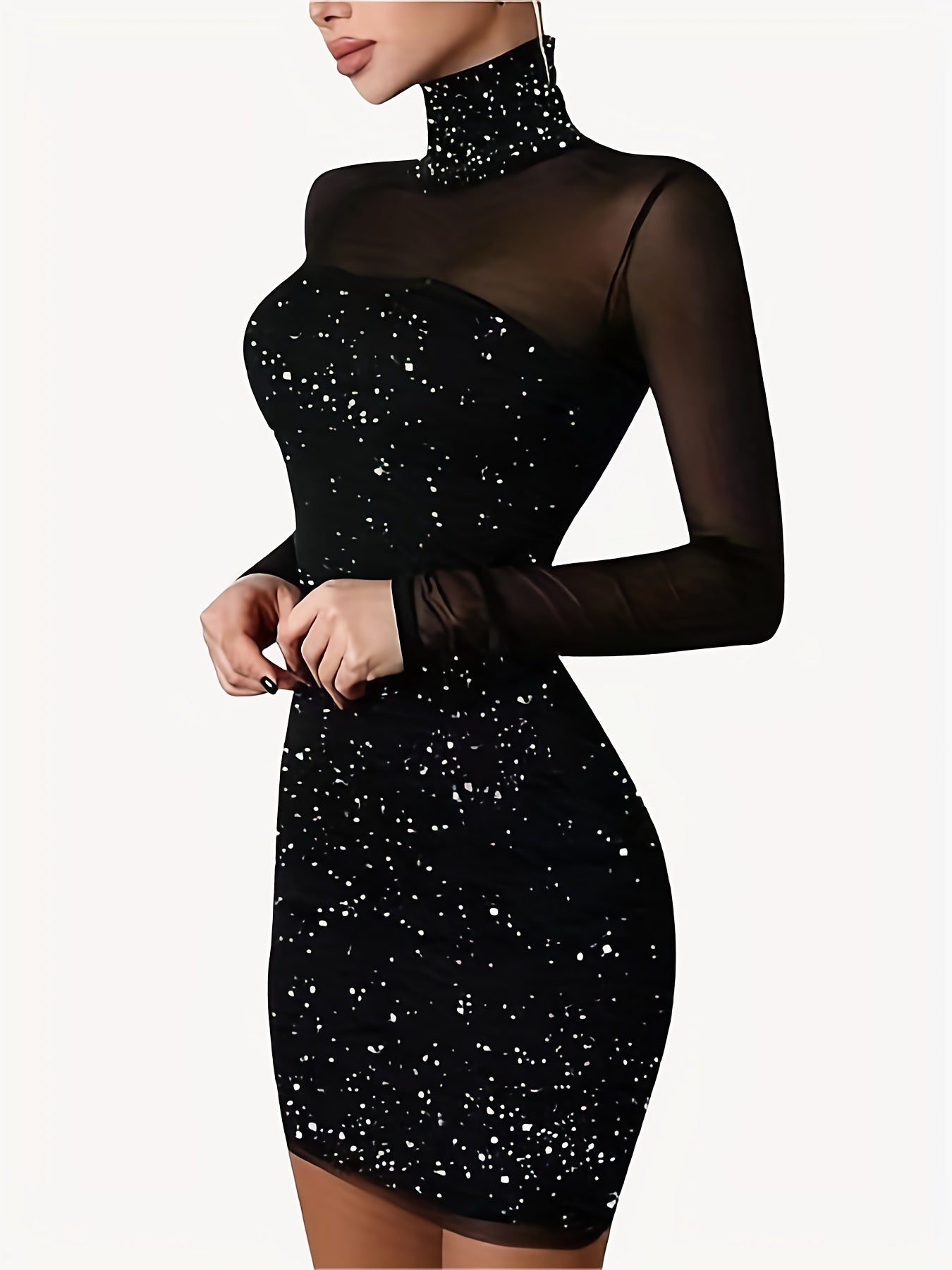 Sultry Sheer Splicing Bodycon Dress - Women's Sexy High Collar Long Sleeve Evening Dresses - Form-Fitting, Stretchy, Solid Color, Backless Design for a Night Out