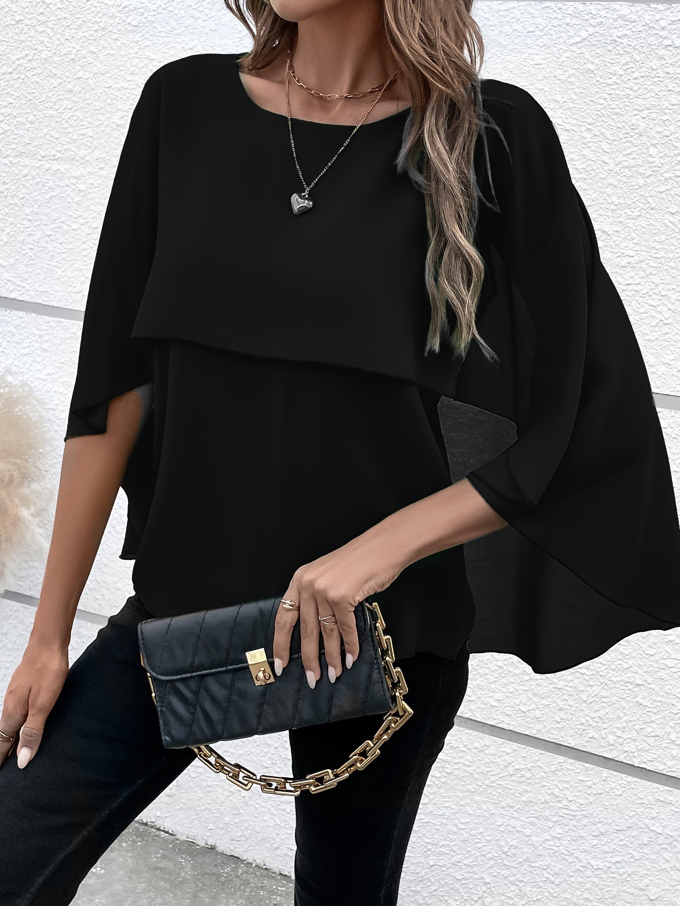 Solid Layered Cloak Sleeve Blouse, Versatile Crew Neck Blouse For Spring & Fall, Women's Clothing