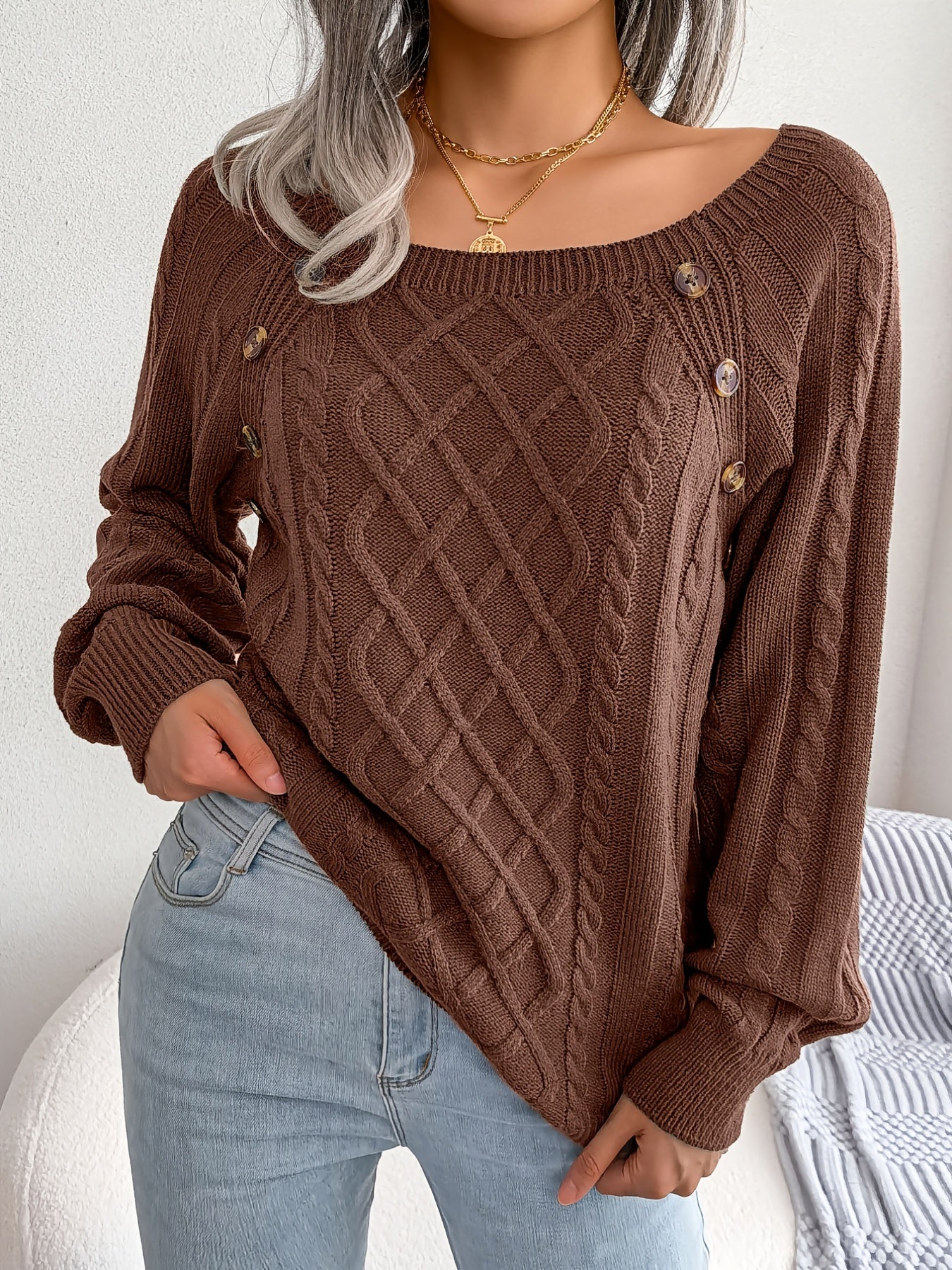 Women's Casual Square Neck Sweater - Smooth Acrylic Knit Fabric, Medium Stretch, Regular Length | Hand Wash or Professional Dry Clean | Button Detail