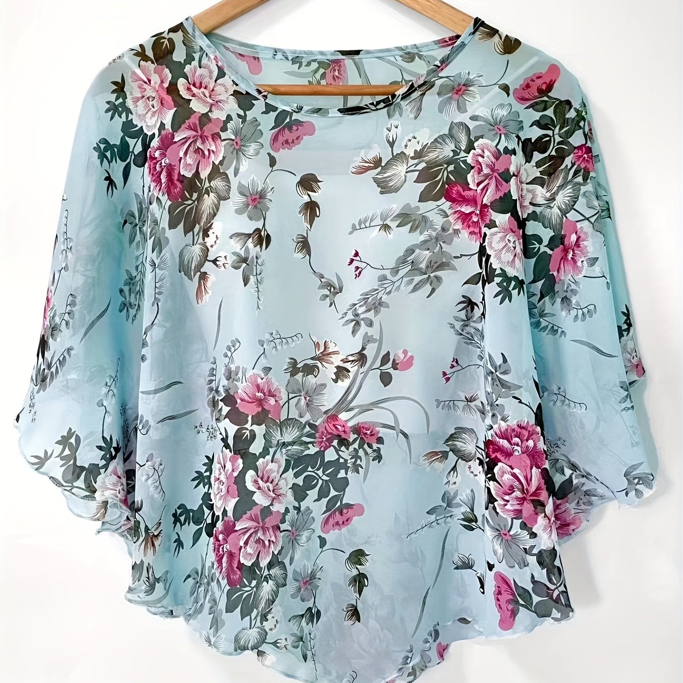 Floral Print Semi-sheer Blouse, Elegant Batwing Sleeve Irregular Hem Top For Spring & Summer, Women's Clothing