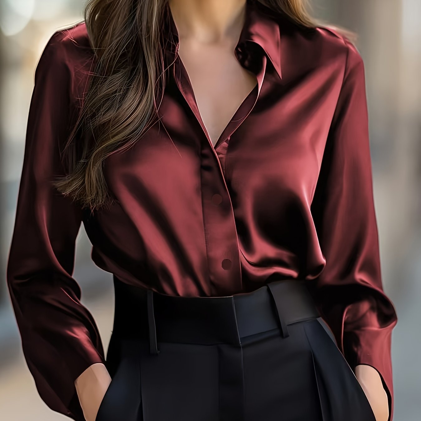 Elegant Black Satin Long Sleeve Blouse for Women - Smooth Polyester Fabric, Button-Up Collar Shirt, Machine Washable, Perfect for Casual or Professional Wear