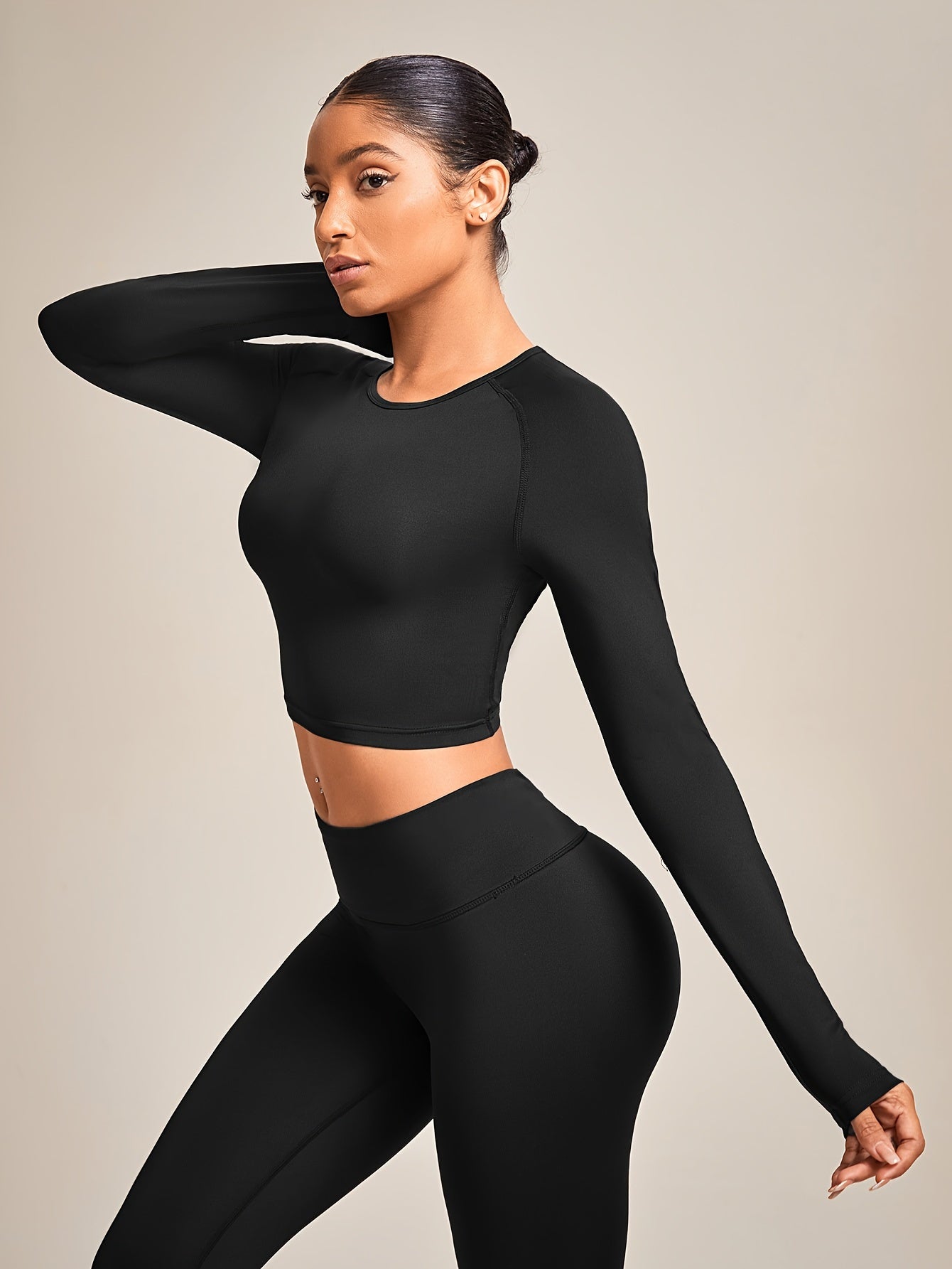 Solid Color Breathable T-Shirt, Long Sleeves Round Neck Slim Fit Yoga Top, Women's Comfy Tee