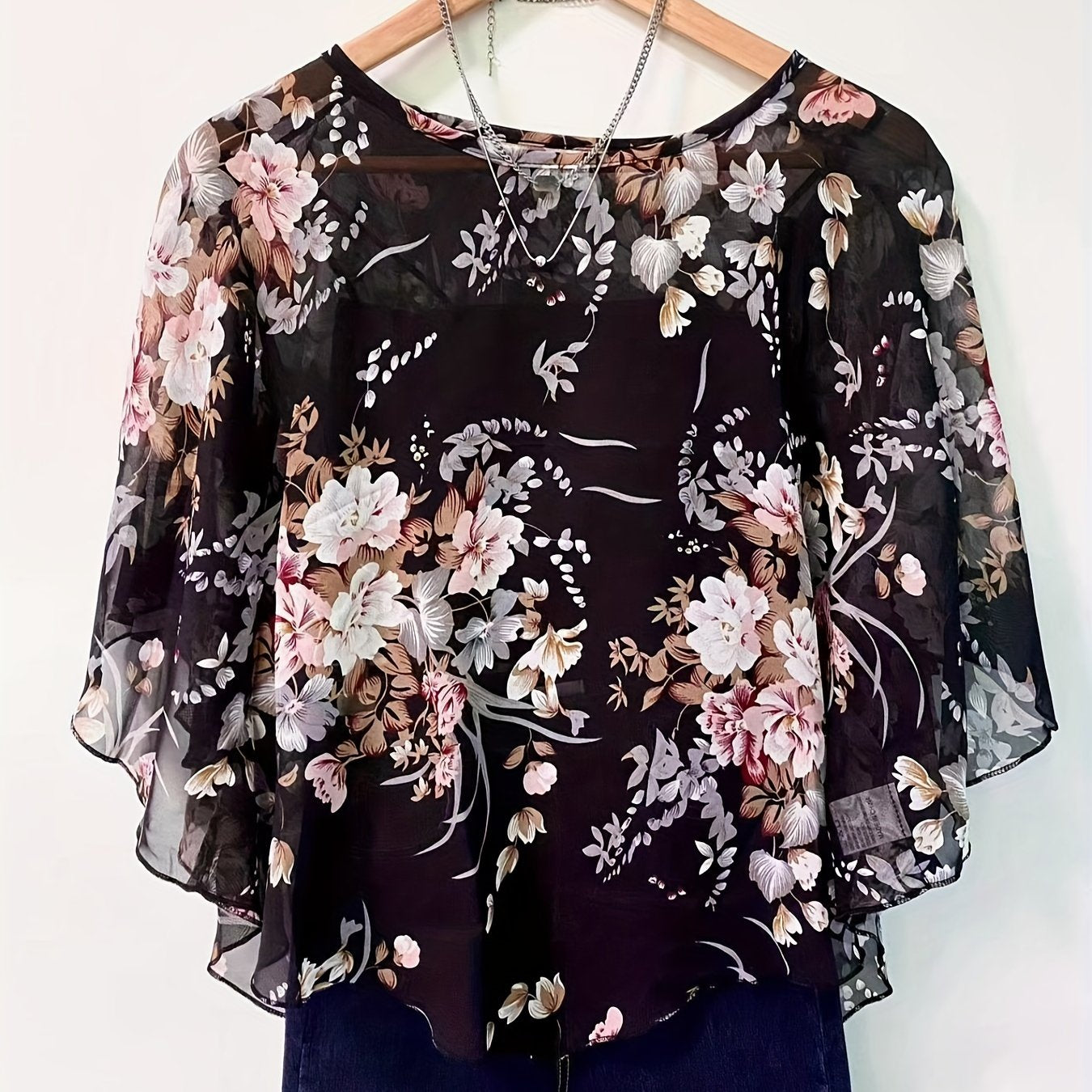 Floral Print Semi-sheer Blouse, Elegant Batwing Sleeve Irregular Hem Top For Spring & Summer, Women's Clothing