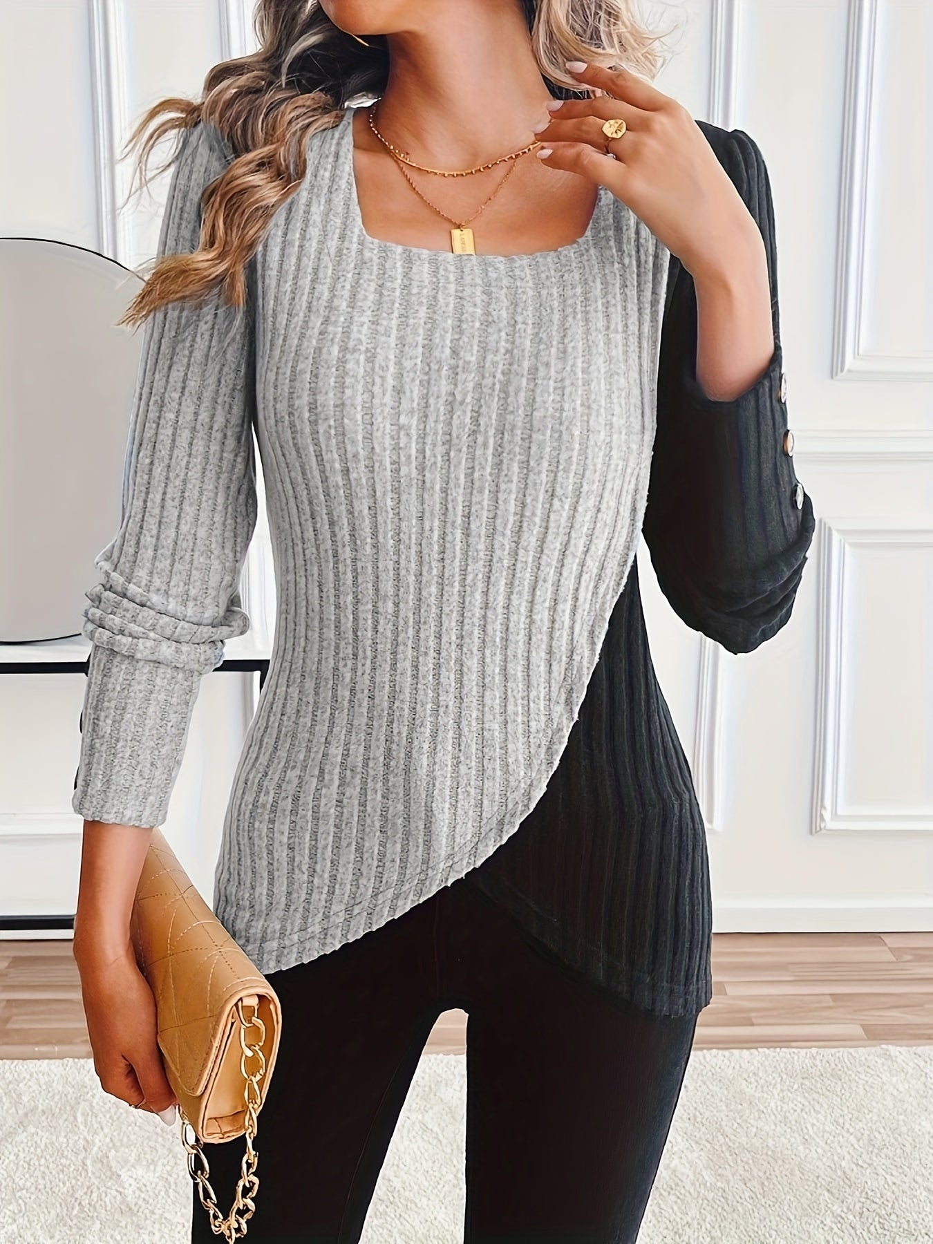 Women'S Casual Square Neck Long Sleeve Top, Asymmetrical Solid Color Knit Polyester Blouse with Spandex, Fashionable Spring/Fall Outerwear, 230gsm Fabric Weight
