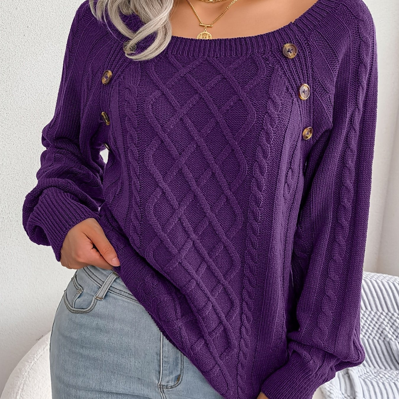 Women's Casual Square Neck Sweater - Smooth Acrylic Knit Fabric, Medium Stretch, Regular Length | Hand Wash or Professional Dry Clean | Button Detail