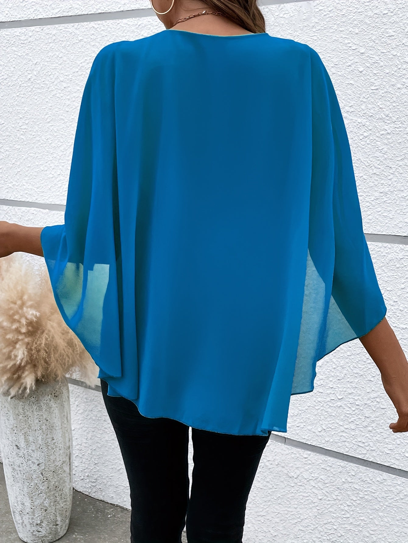 Solid Layered Cloak Sleeve Blouse, Versatile Crew Neck Blouse For Spring & Fall, Women's Clothing