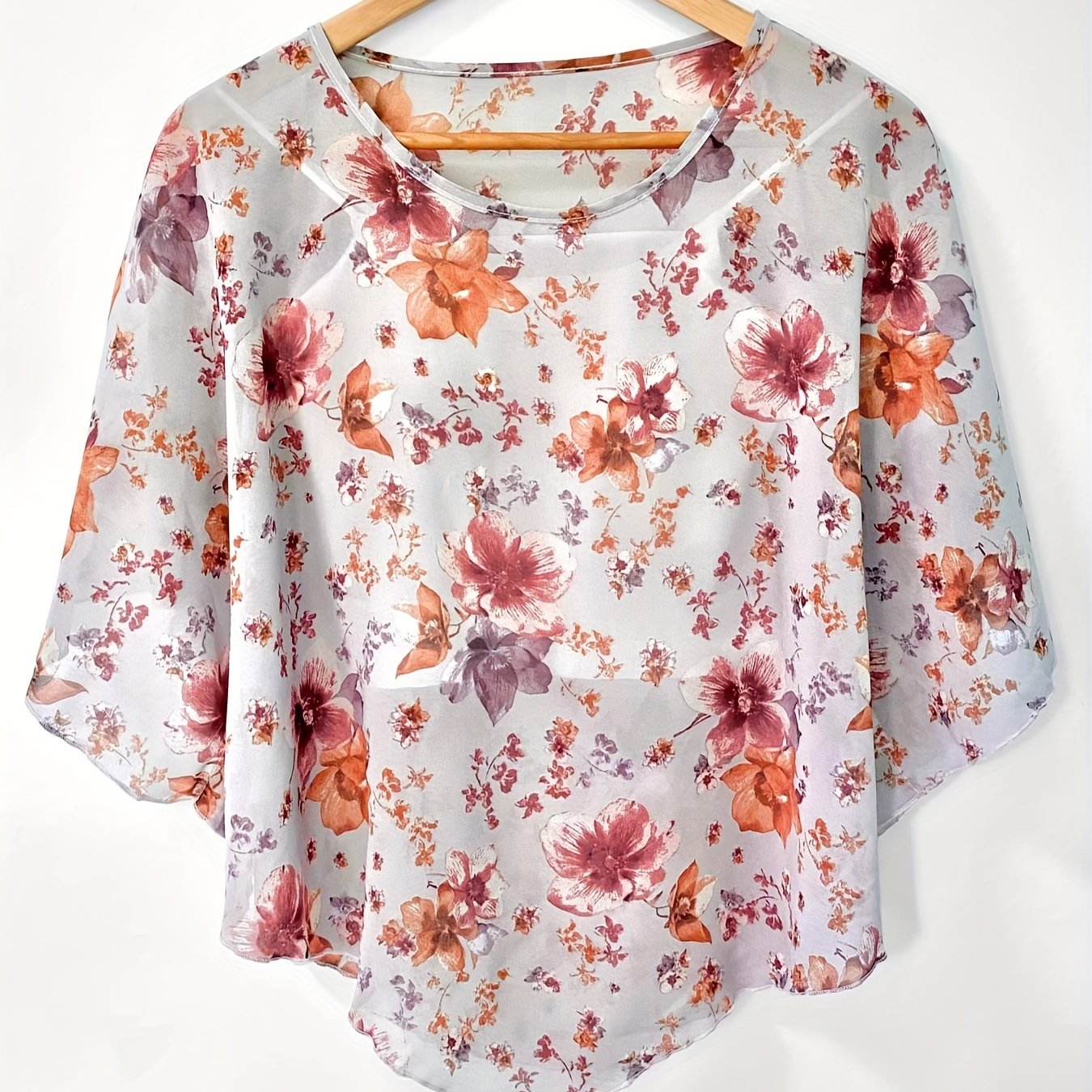 Floral Print Semi-sheer Blouse, Elegant Batwing Sleeve Irregular Hem Top For Spring & Summer, Women's Clothing