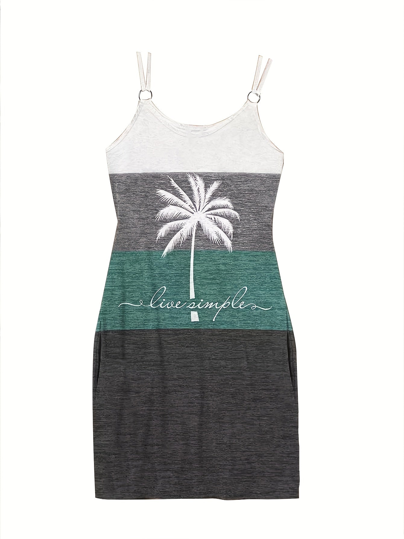 Vibrant Color Block Coconut Tree Print Cami Dress - Women's Casual Spaghetti Strap Dresses for Summer - Relaxed Fit, V-Neck, Short Sleeve, Above Knee Length, Easy Wear