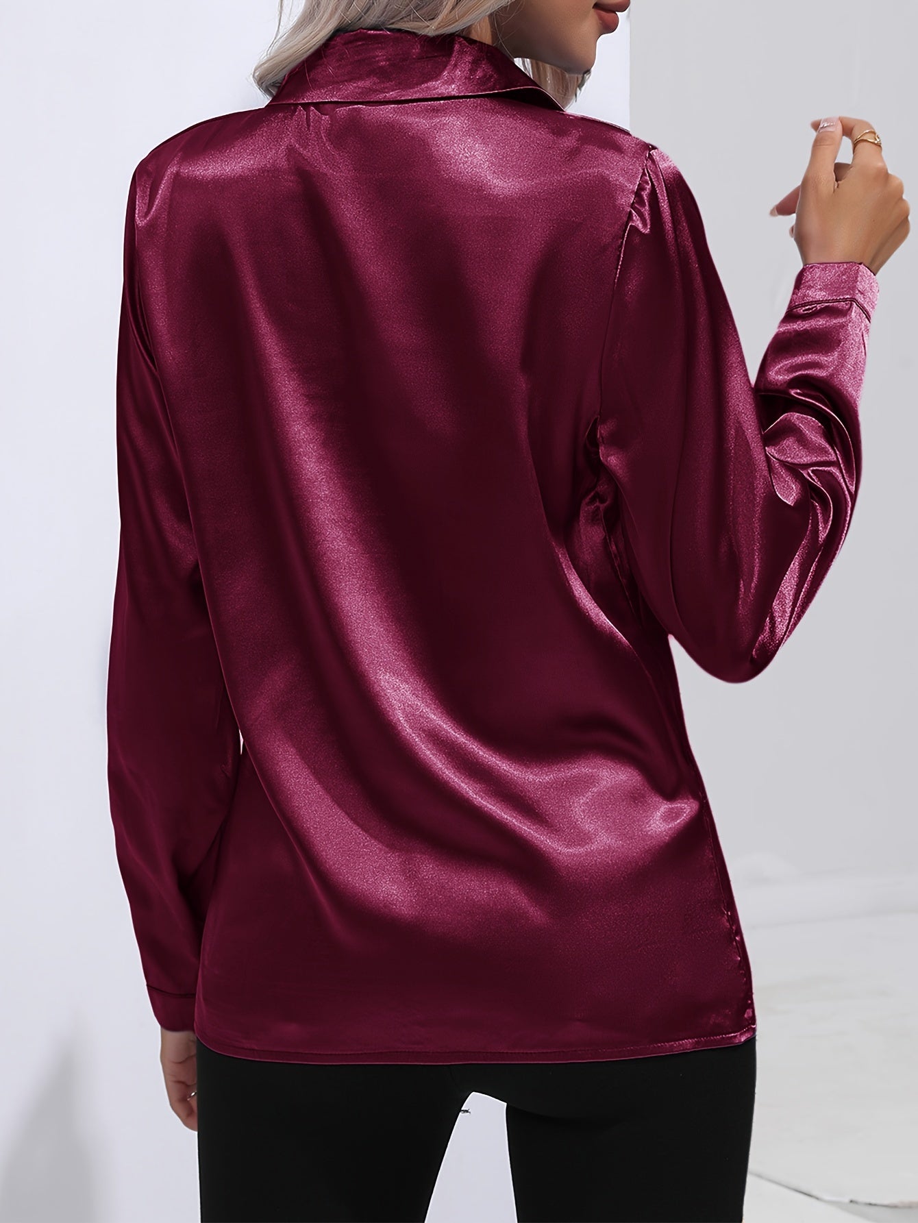Solid Color Button Up Shirt, Elegant Long Sleeve Collared Blouse For Spring & Fall, Women's Clothing