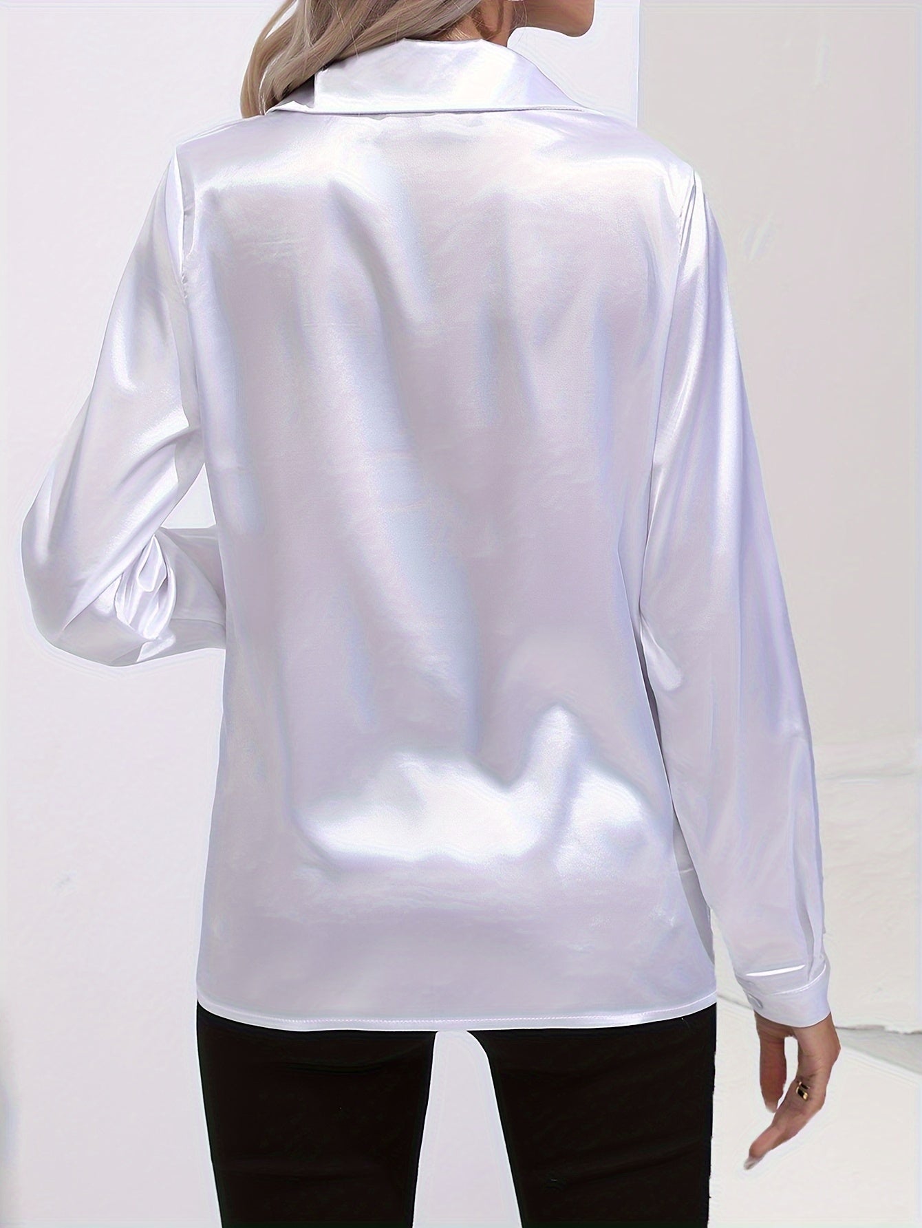 Solid Color Button Up Shirt, Elegant Long Sleeve Collared Blouse For Spring & Fall, Women's Clothing