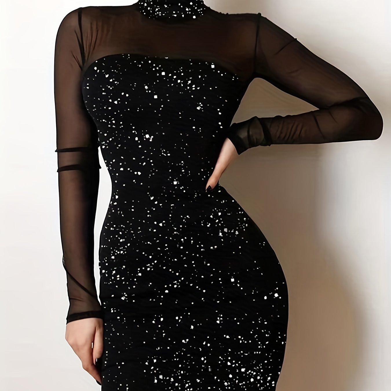 Sultry Sheer Splicing Bodycon Dress - Women's Sexy High Collar Long Sleeve Evening Dresses - Form-Fitting, Stretchy, Solid Color, Backless Design for a Night Out