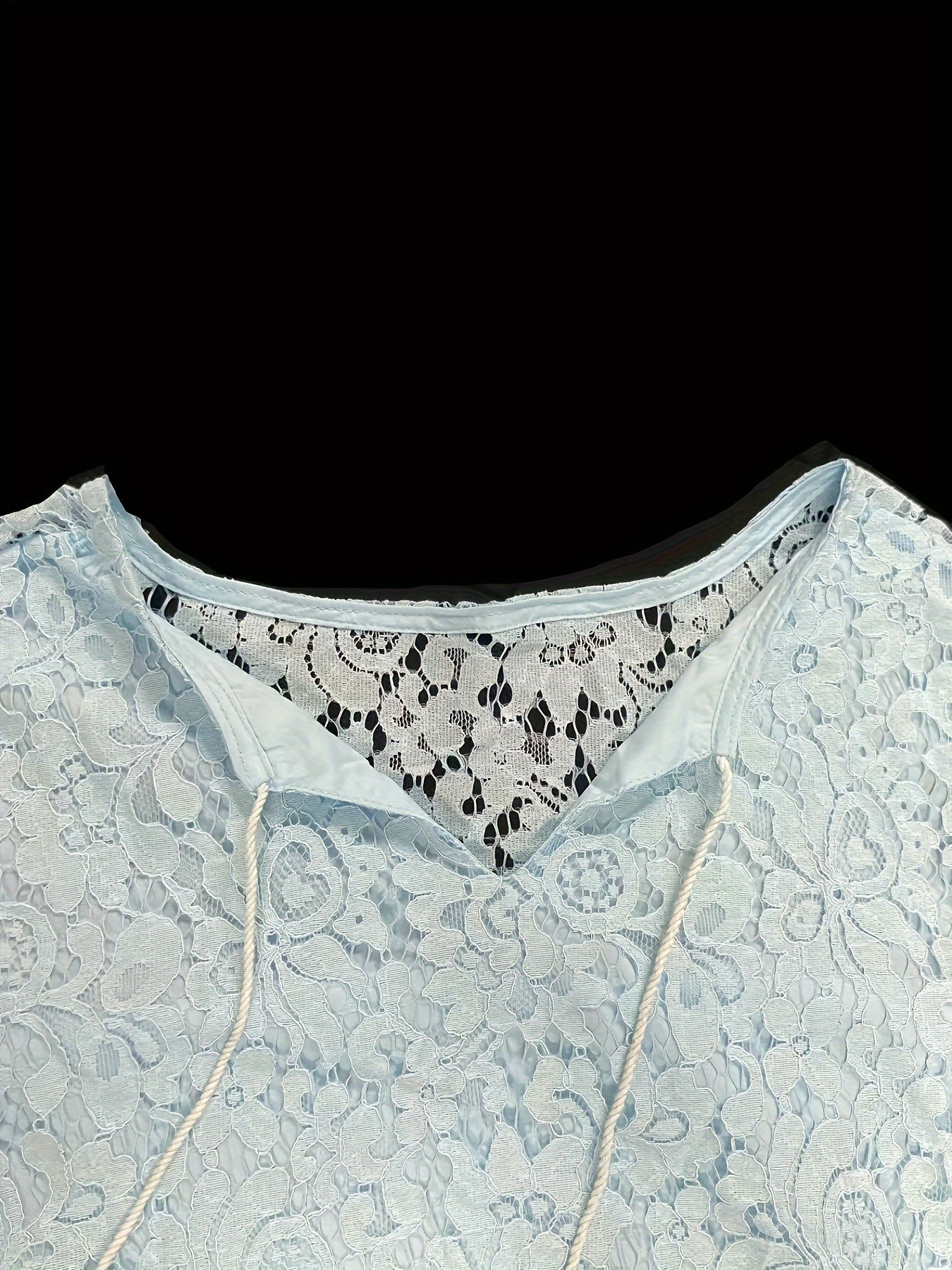 Plus Size Boho Blouse, Women's Plus Solid Lace Lantern Sleeve Tassel Trim V Neck Tunic Shirt Top