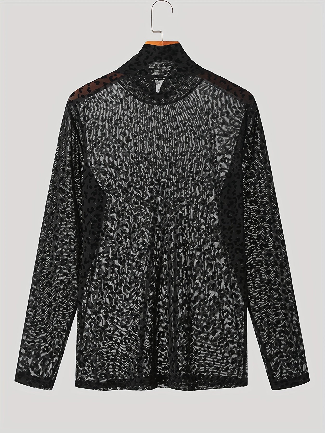 Mens O-neck Mesh Shirt Leopard Pattern See Through Blouse Party Sexy Shirt Pullover