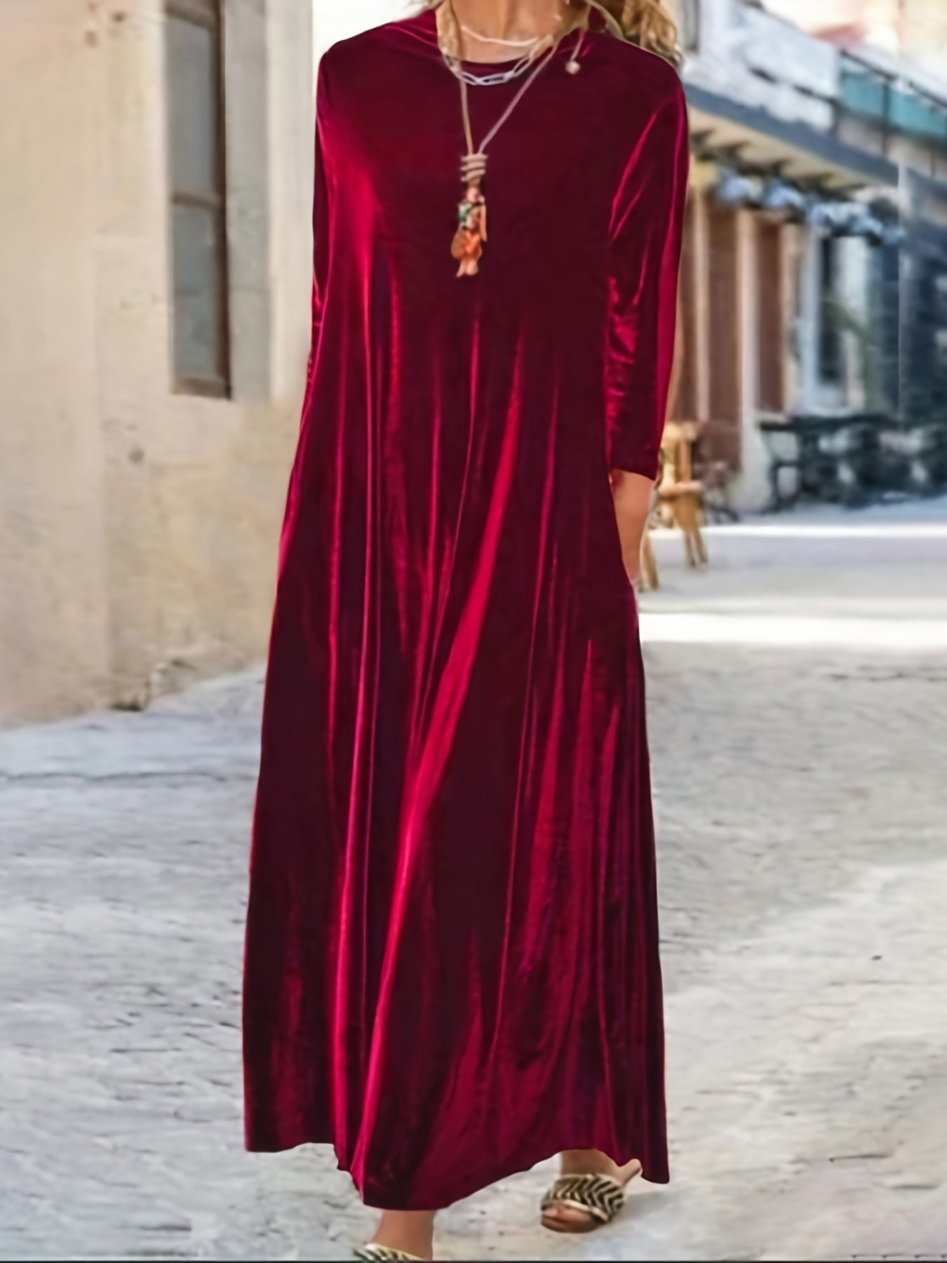 Plus Size Elegant Velvet Dress - Women's Long Sleeve Round Neck Loose Maxi Dresses for Special Occasions