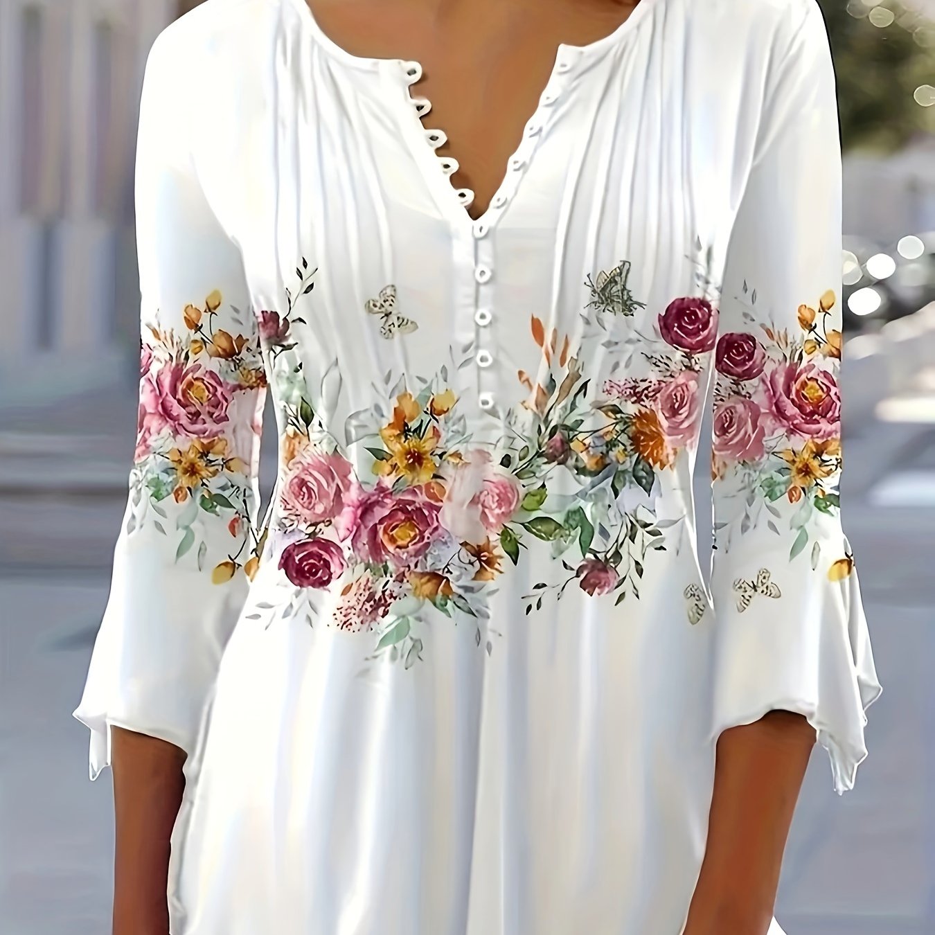 Floral Print Notched Neck Blouse, Casual Button Front Blouse For Spring & Summer, Women's Clothing