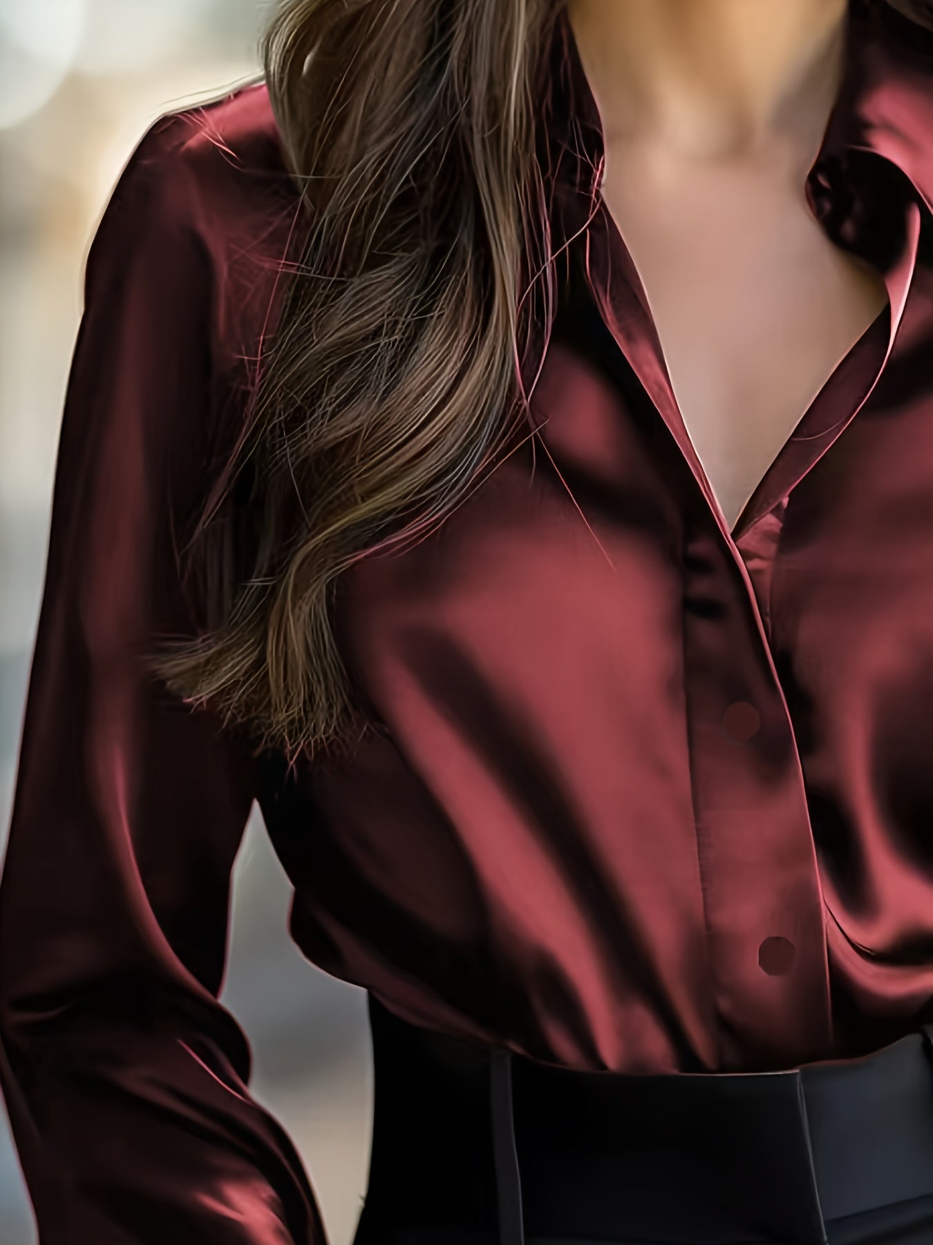 Elegant Black Satin Long Sleeve Blouse for Women - Smooth Polyester Fabric, Button-Up Collar Shirt, Machine Washable, Perfect for Casual or Professional Wear