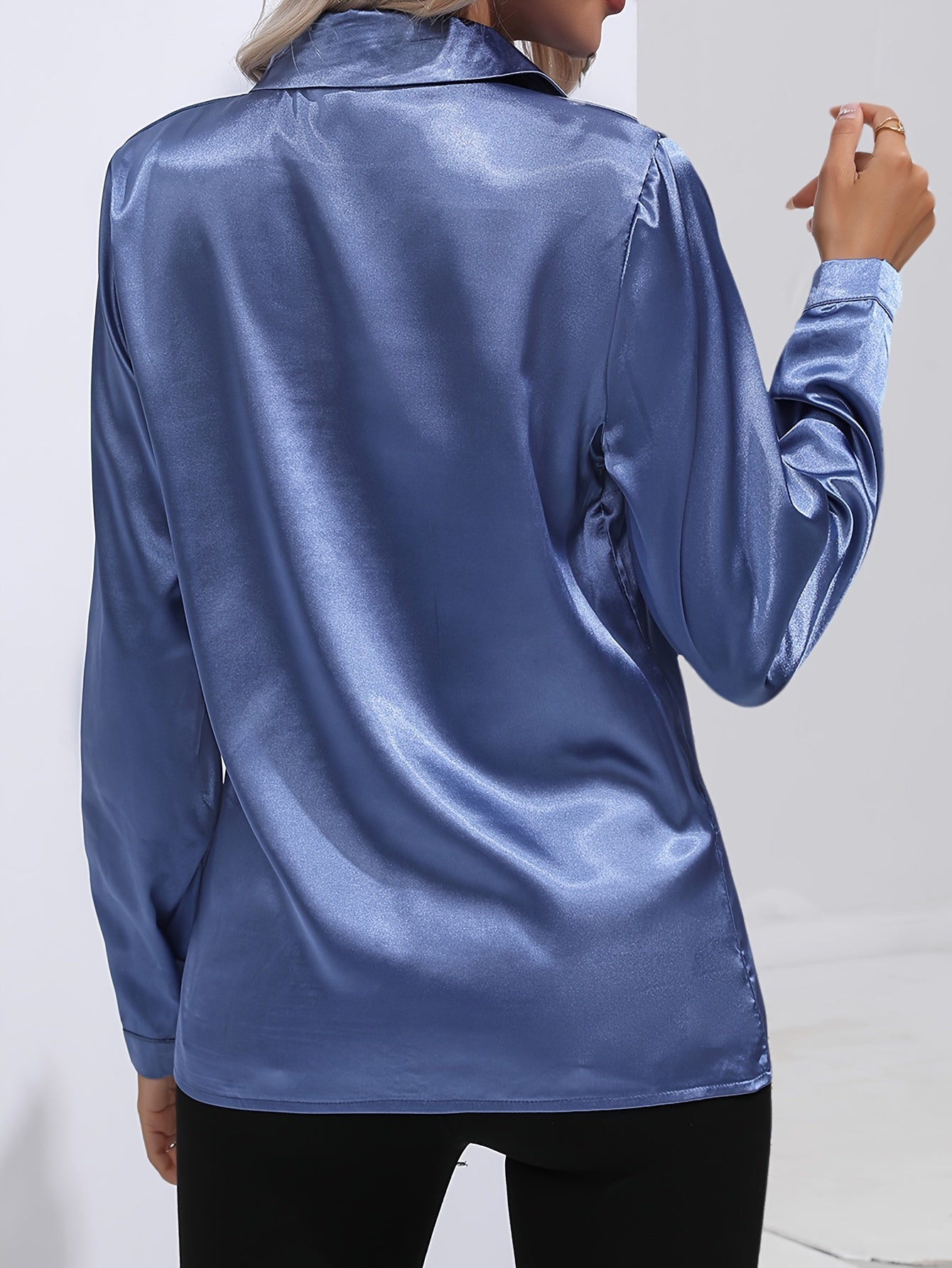 Solid Color Button Up Shirt, Elegant Long Sleeve Collared Blouse For Spring & Fall, Women's Clothing