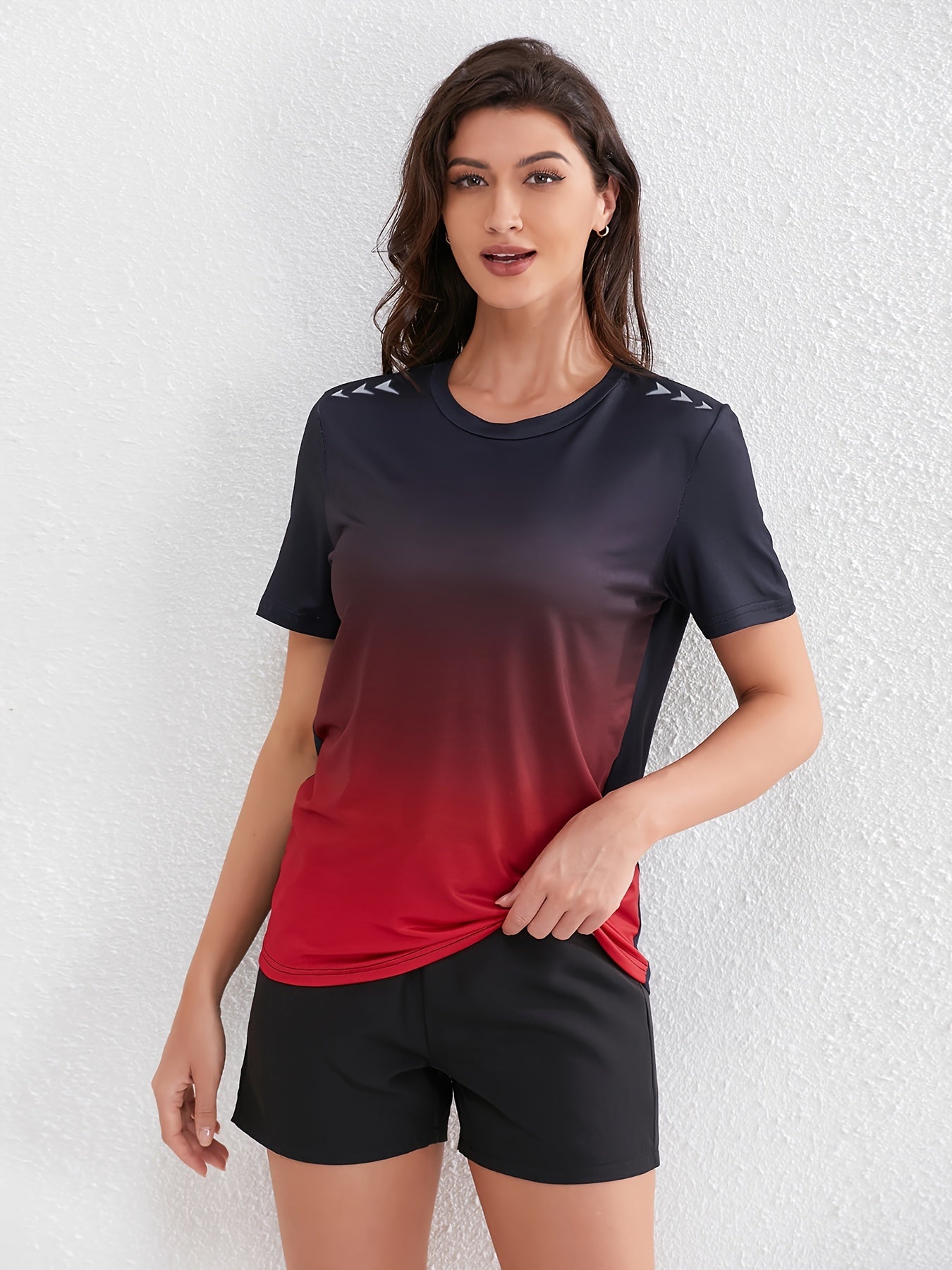 Women's Ombre Sports Tee, Gradient Shades, Casual Athletic T-Shirt, Short-Sleeve, Quick Dry, Breathable Fabric, Gym Wear, Running Top