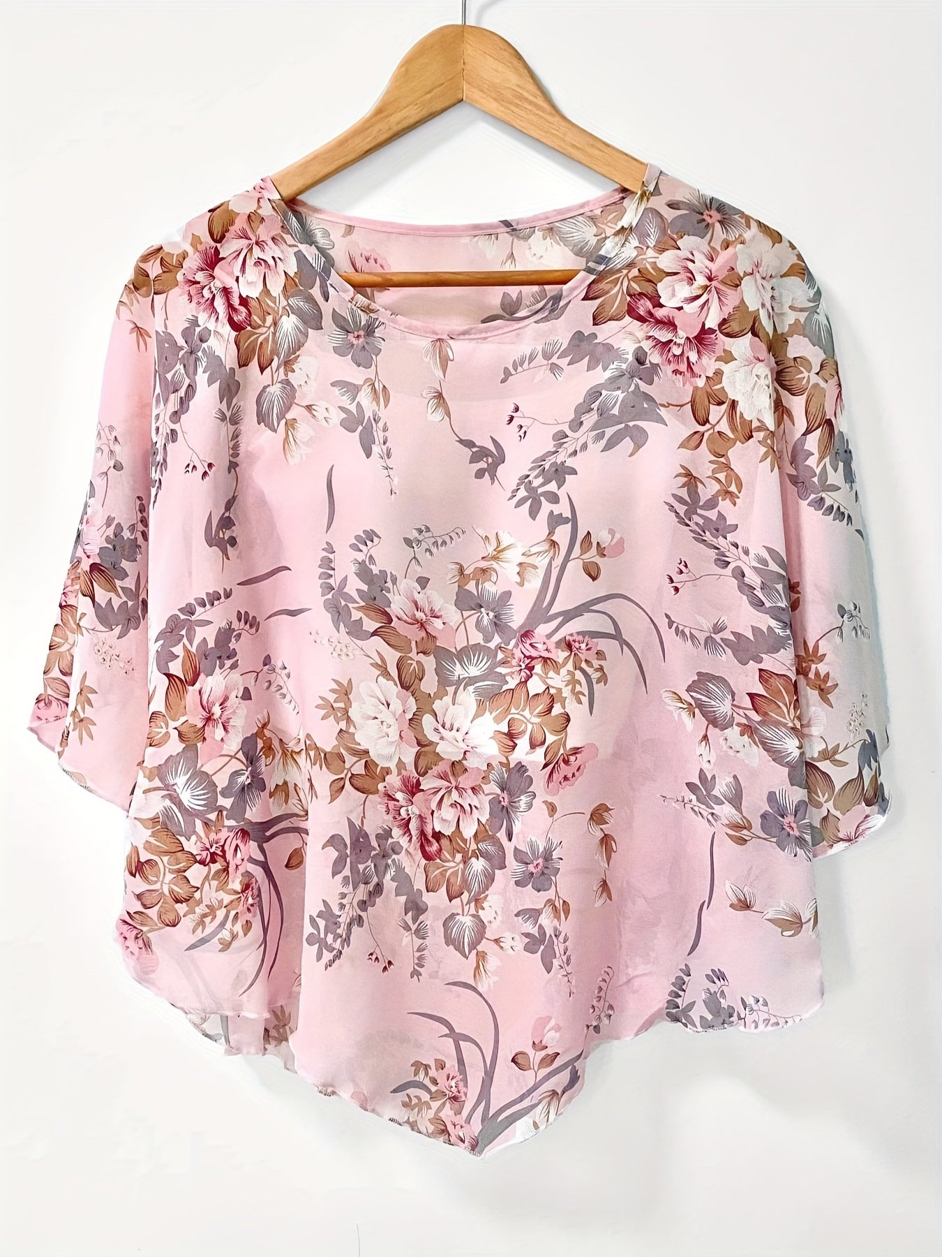 Floral Print Semi-sheer Blouse, Elegant Batwing Sleeve Irregular Hem Top For Spring & Summer, Women's Clothing