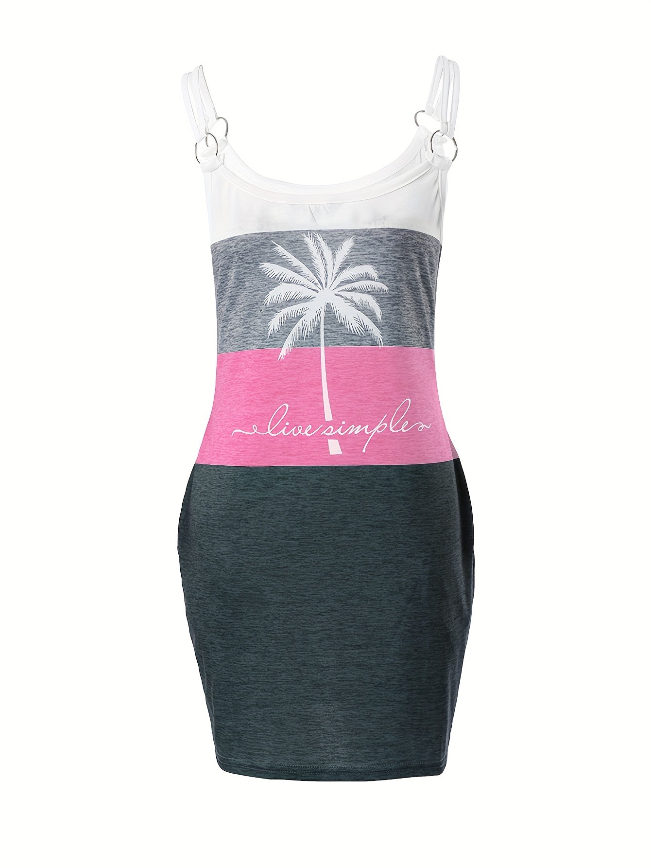 Vibrant Color Block Coconut Tree Print Cami Dress - Women's Casual Spaghetti Strap Dresses for Summer - Relaxed Fit, V-Neck, Short Sleeve, Above Knee Length, Easy Wear