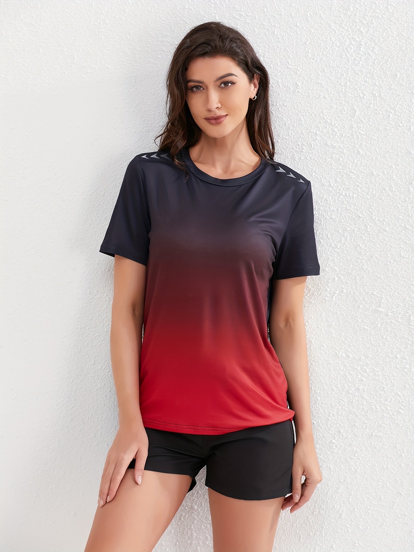 Women's Ombre Sports Tee, Gradient Shades, Casual Athletic T-Shirt, Short-Sleeve, Quick Dry, Breathable Fabric, Gym Wear, Running Top