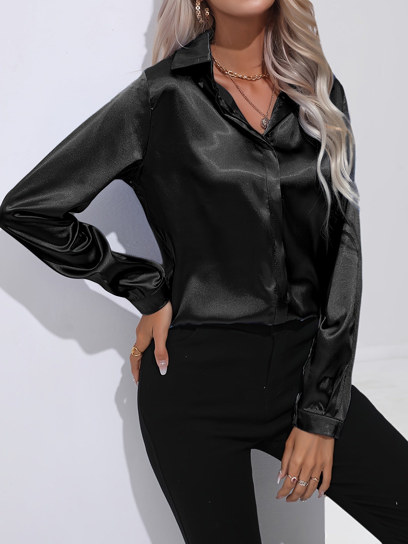 Solid Color Button Up Shirt, Elegant Long Sleeve Collared Blouse For Spring & Fall, Women's Clothing