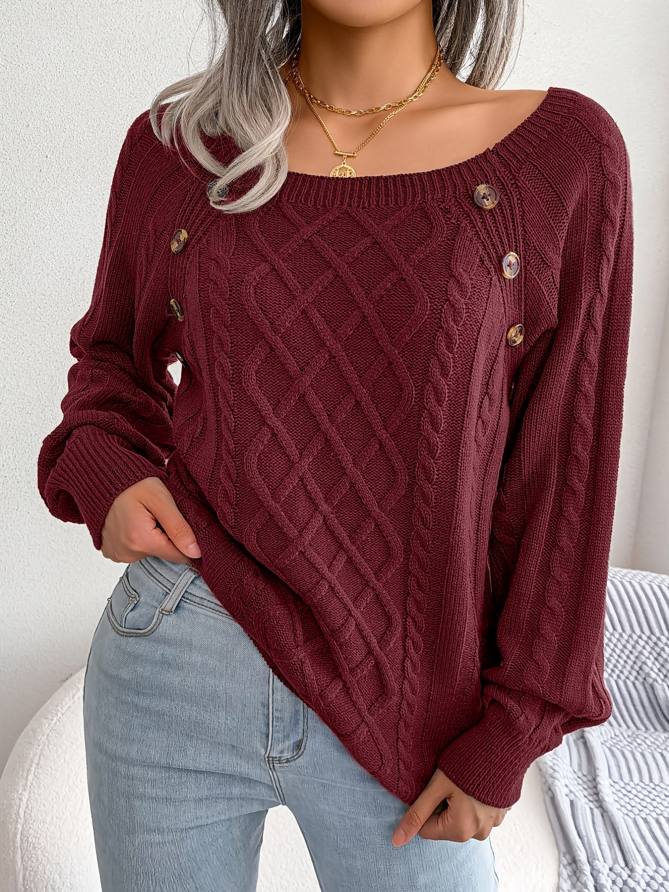 Women's Casual Square Neck Sweater - Smooth Acrylic Knit Fabric, Medium Stretch, Regular Length | Hand Wash or Professional Dry Clean | Button Detail